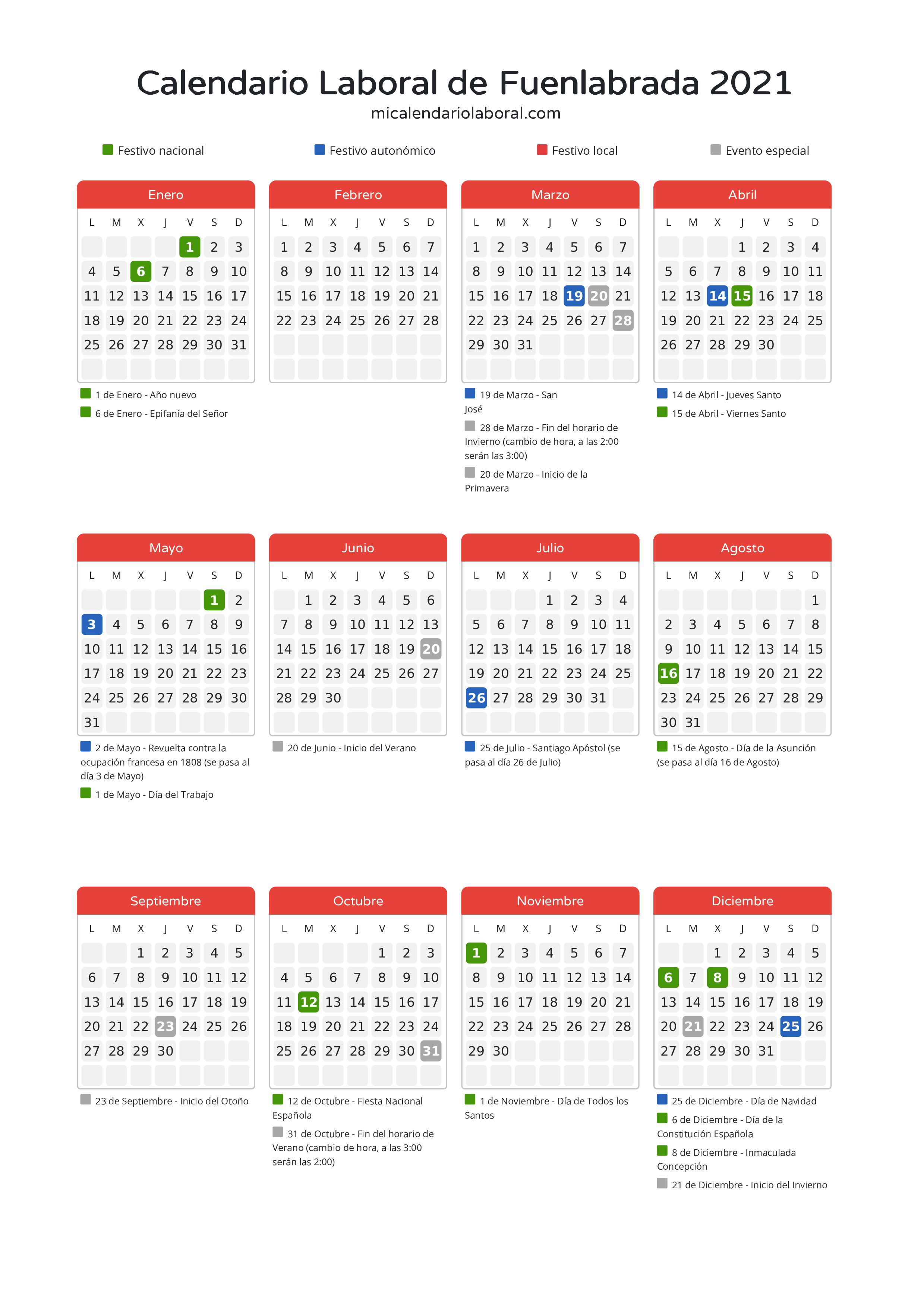 Calendario Laboral de Fuenlabrada 2021 - Días festivos - Descubre todos los festivos, días no laborables y días inhábiles en el calendario de Fuenlabrada propuestos por Gobierno de la Comunidad de Madrid. Organiza tus vacaciones y puentes en 2021.