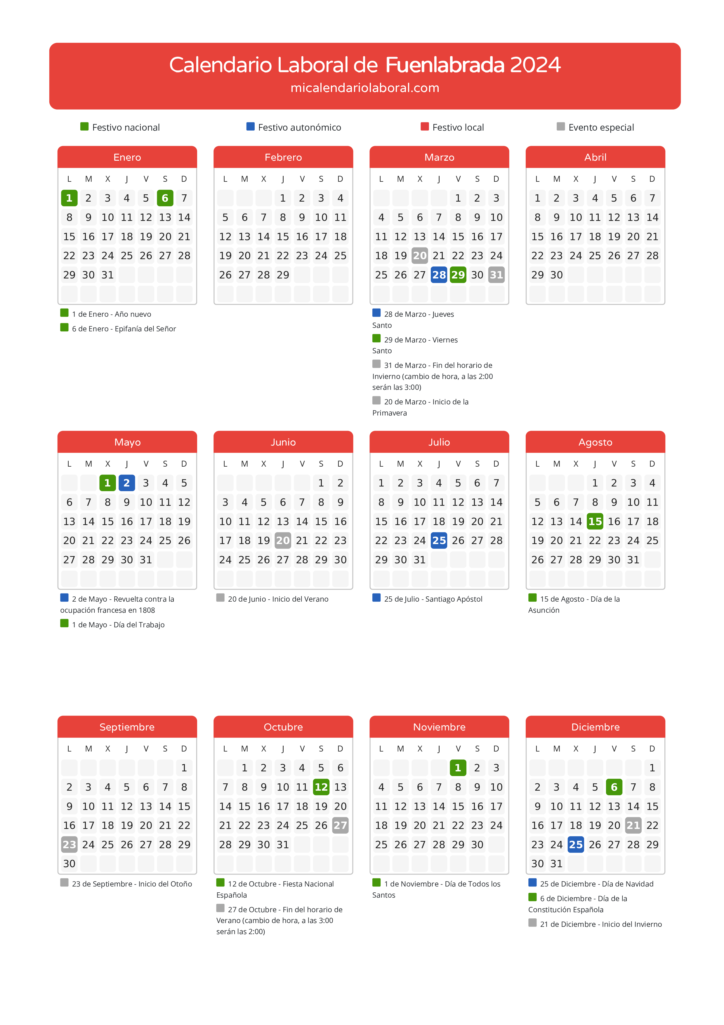 Calendario Laboral de Fuenlabrada 2024 - Días festivos - Descubre todos los festivos, días no laborables y días inhábiles en el calendario de la provincia de Fuenlabrada propuestos por Gobierno de la Comunidad de Madrid. Anticípate a los eventos y organiza tus vacaciones y puentes en 2024.