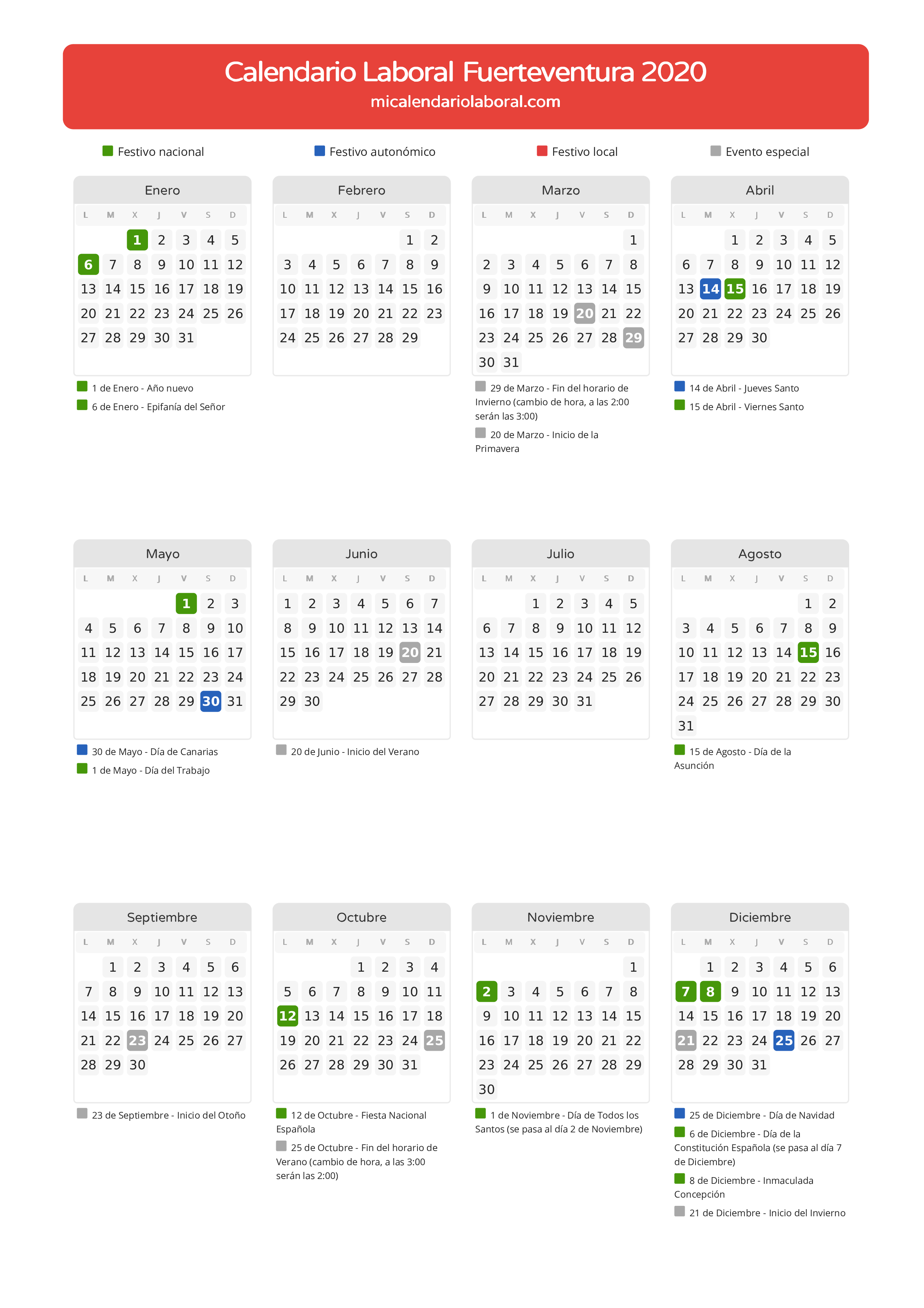Calendario Laboral de Fuerteventura 2020 - Días festivos - Todos los festivos y días no laborables del calendario de Fuerteventura propuestos por Gobierno de Canarias. Organiza tus vacaciones y puentes en 2020.