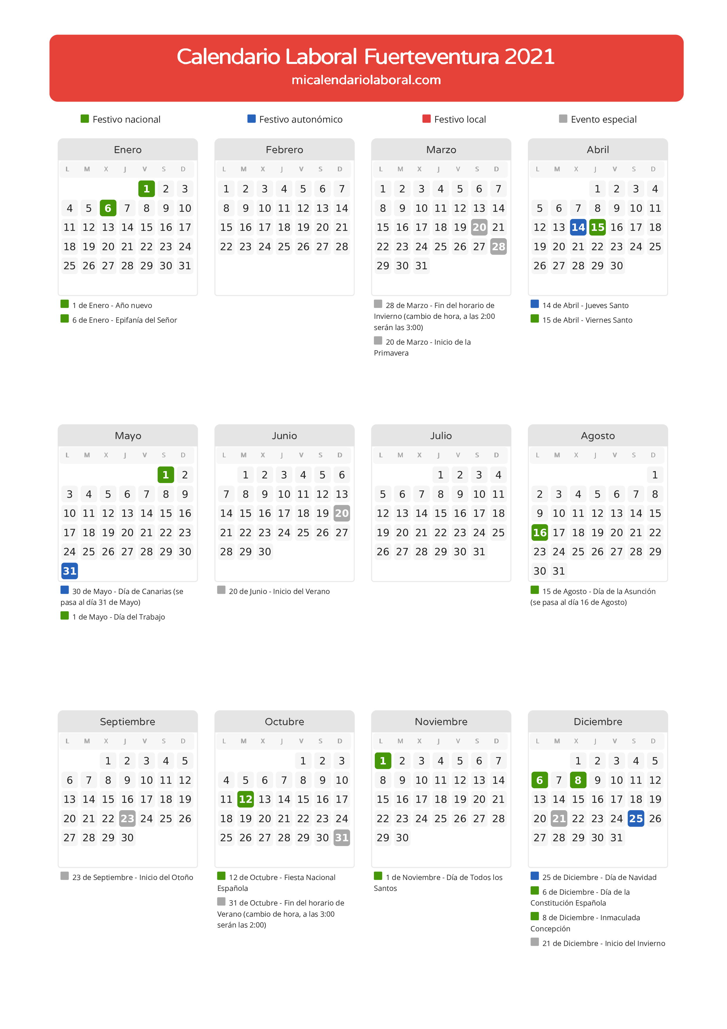 Calendario Laboral de Fuerteventura 2021 - Días festivos - Todos los festivos y días no laborables del calendario de Fuerteventura propuestos por Gobierno de Canarias. Organiza tus vacaciones y puentes en 2021.