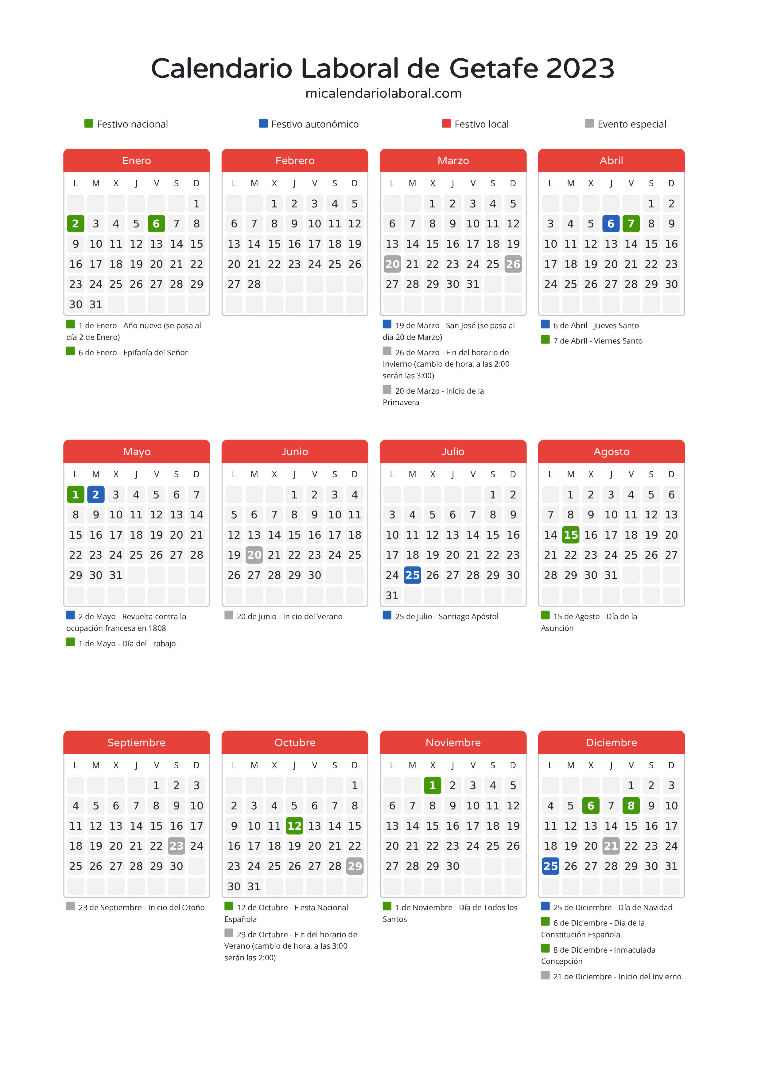 Calendario Laboral de Getafe 2023 - Días festivos - Aquí tienes todos los días festivos, no laborables y días inhábiles de la provincia del calendario de Getafe del año 2023