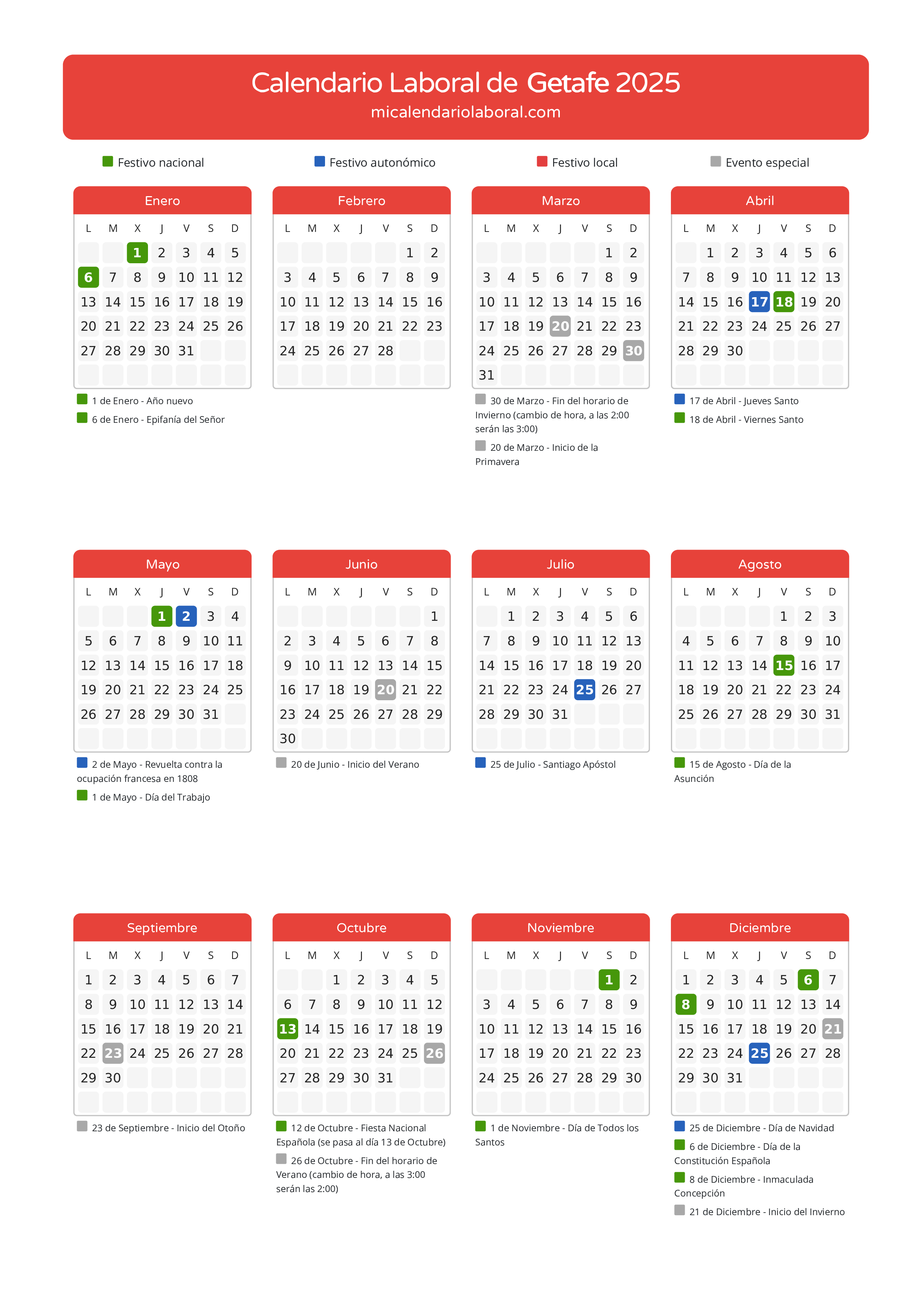 Calendario Laboral de Getafe 2025 - Días festivos - Aquí tienes todos los días festivos, no laborables y días inhábiles de la provincia del calendario de Getafe del año 2025