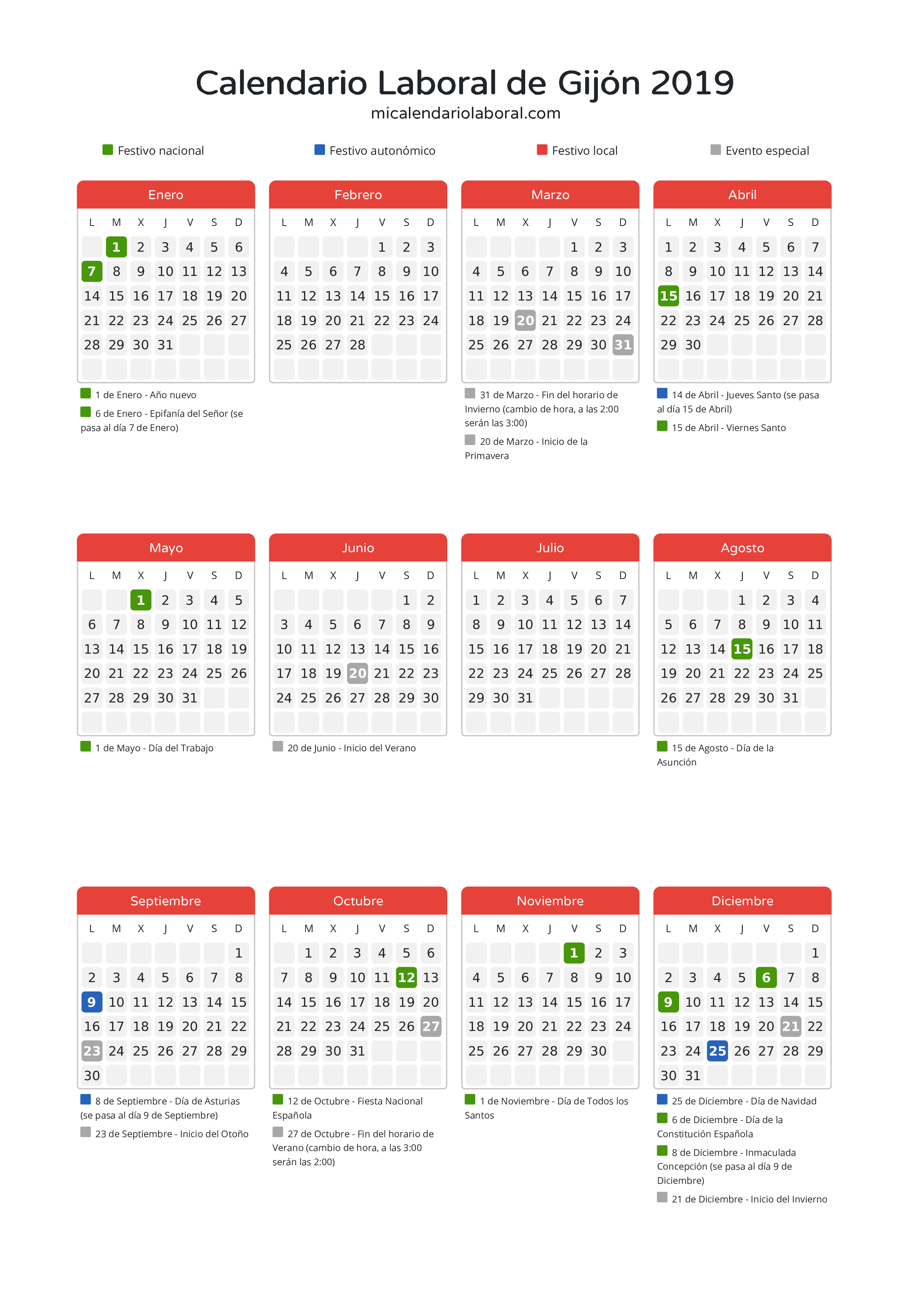 Calendario Laboral de Gijón 2019 - Días festivos - Descubre todos los festivos, días no laborables y días inhábiles en el calendario de Gijón propuestos por Gobierno del Principado de Asturias. Organiza tus vacaciones y puentes en 2019.