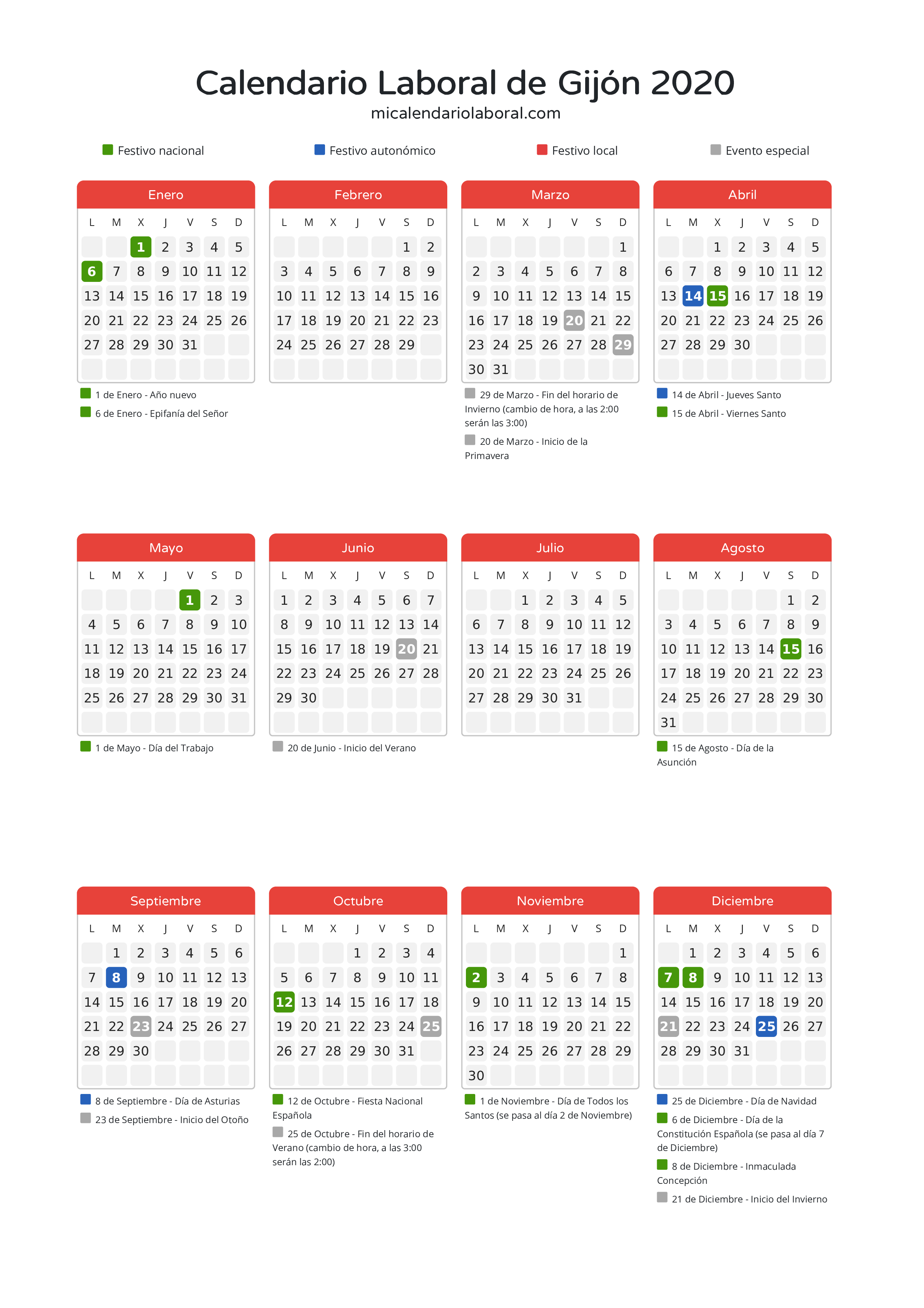 Calendario Laboral de Gijón 2020 - Días festivos - Descubre todos los festivos, días no laborables y días inhábiles en el calendario de Gijón propuestos por Gobierno del Principado de Asturias. Organiza tus vacaciones y puentes en 2020.