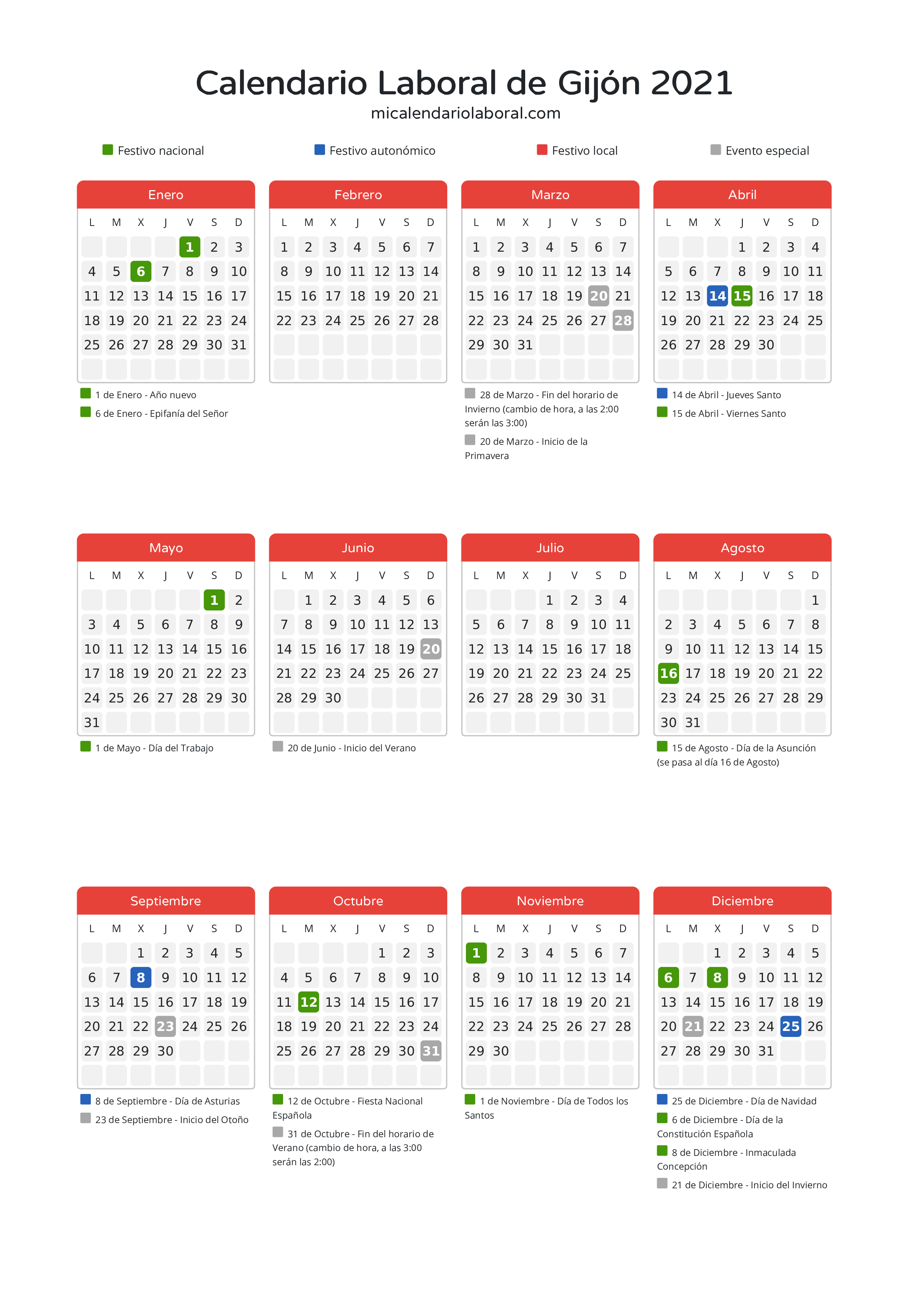 Calendario Laboral de Gijón 2021 - Días festivos - Descubre todos los festivos, días no laborables y días inhábiles en el calendario de Gijón propuestos por Gobierno del Principado de Asturias. Organiza tus vacaciones y puentes en 2021.