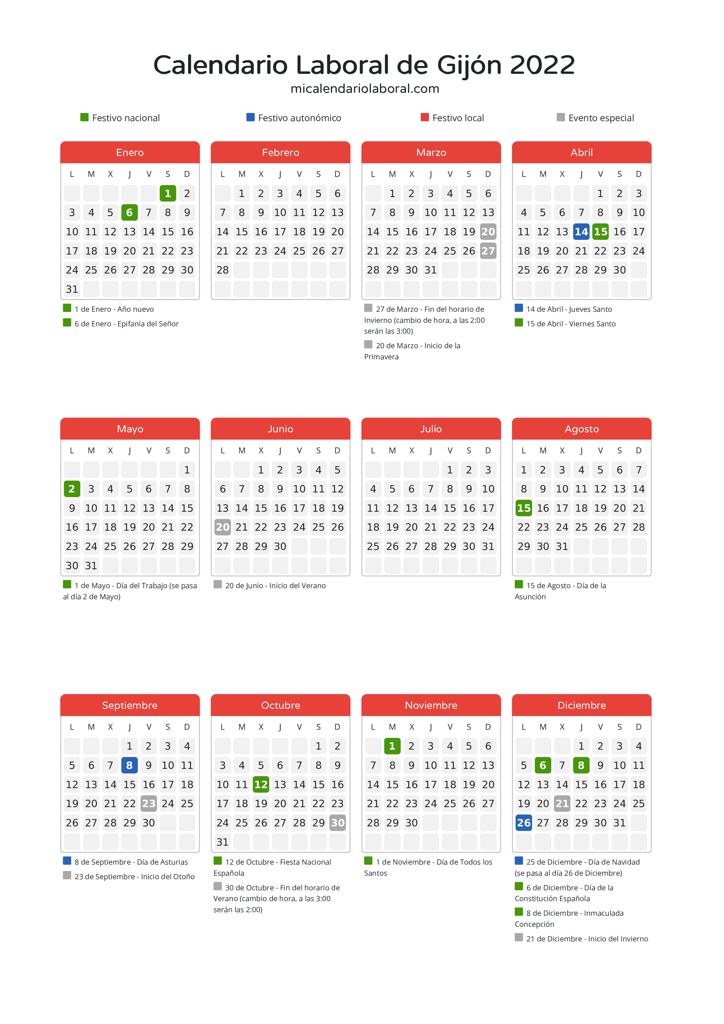 Calendario Laboral de Gijón 2022 - Días festivos - Descubre todos los festivos, días no laborables y días inhábiles en el calendario de Gijón propuestos por Gobierno del Principado de Asturias. Organiza tus vacaciones y puentes en 2022.