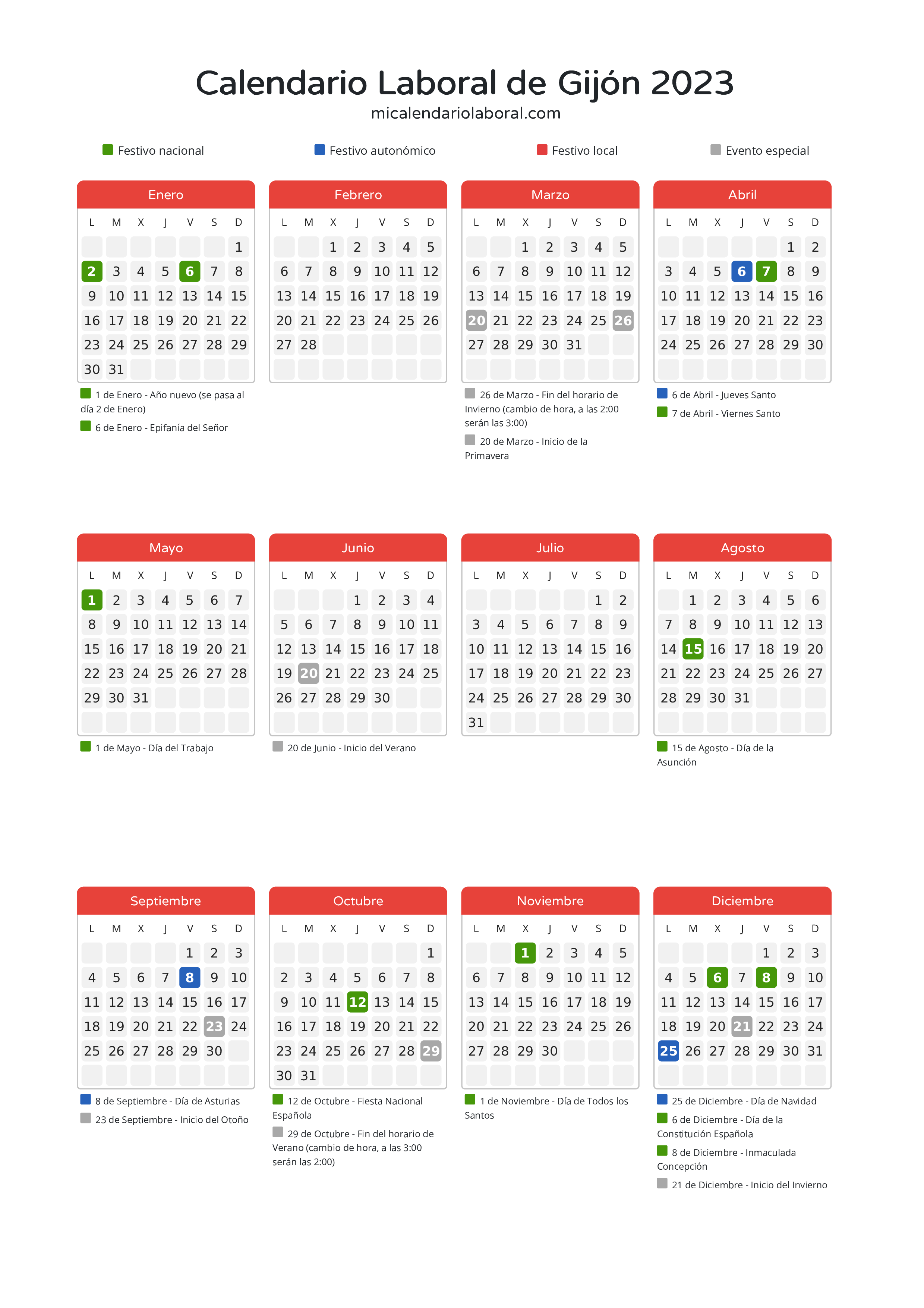 Calendario Laboral de Gijón 2023 - Días festivos - Aquí tienes todos los días festivos, no laborables y días inhábiles de la provincia del calendario de Gijón del año 2023