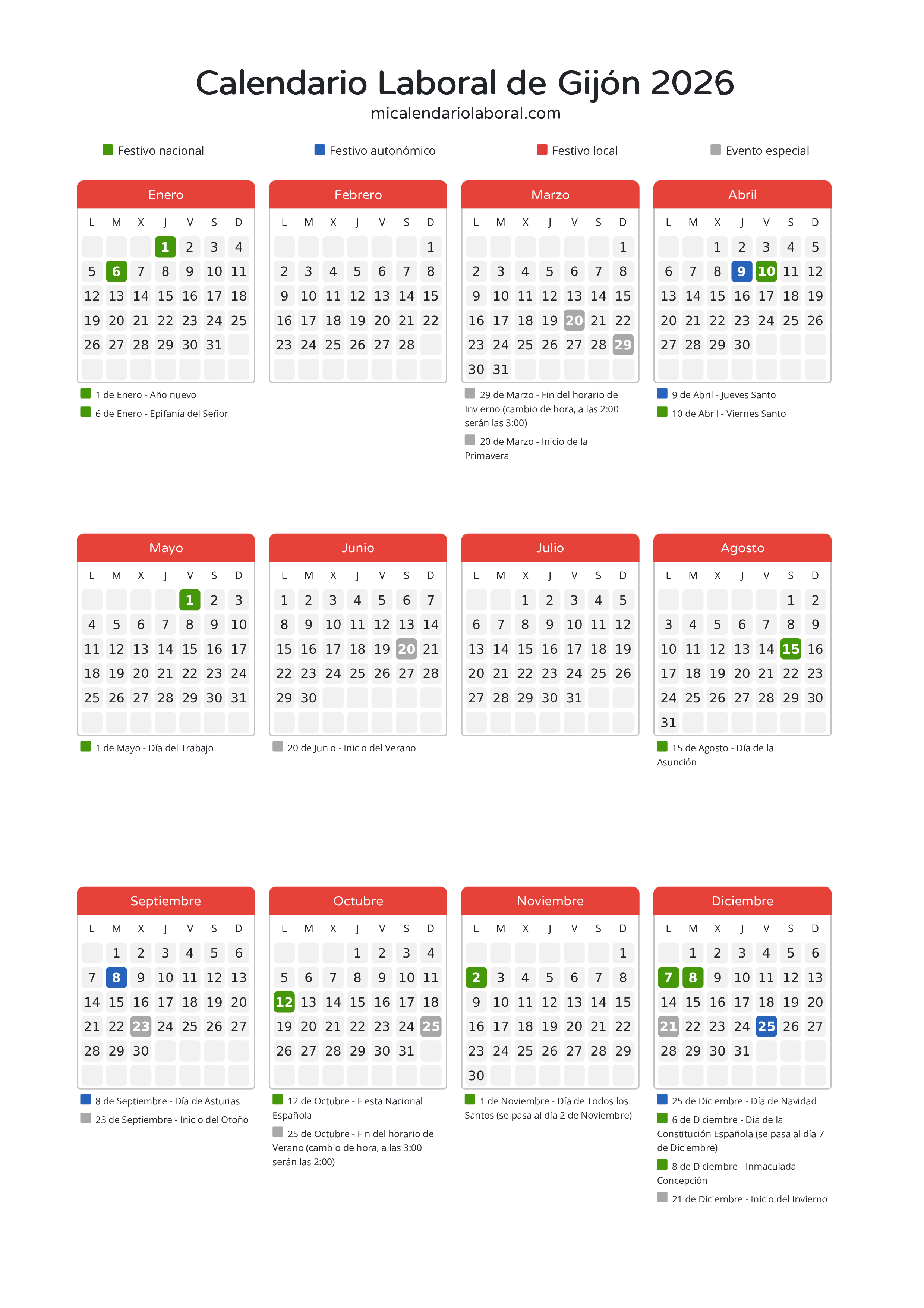 Calendario Laboral de Gijón 2026 - Días festivos - Descubre todos los festivos, días no laborables y días inhábiles en el calendario de Gijón propuestos por Gobierno del Principado de Asturias. Organiza tus vacaciones y puentes en 2026.