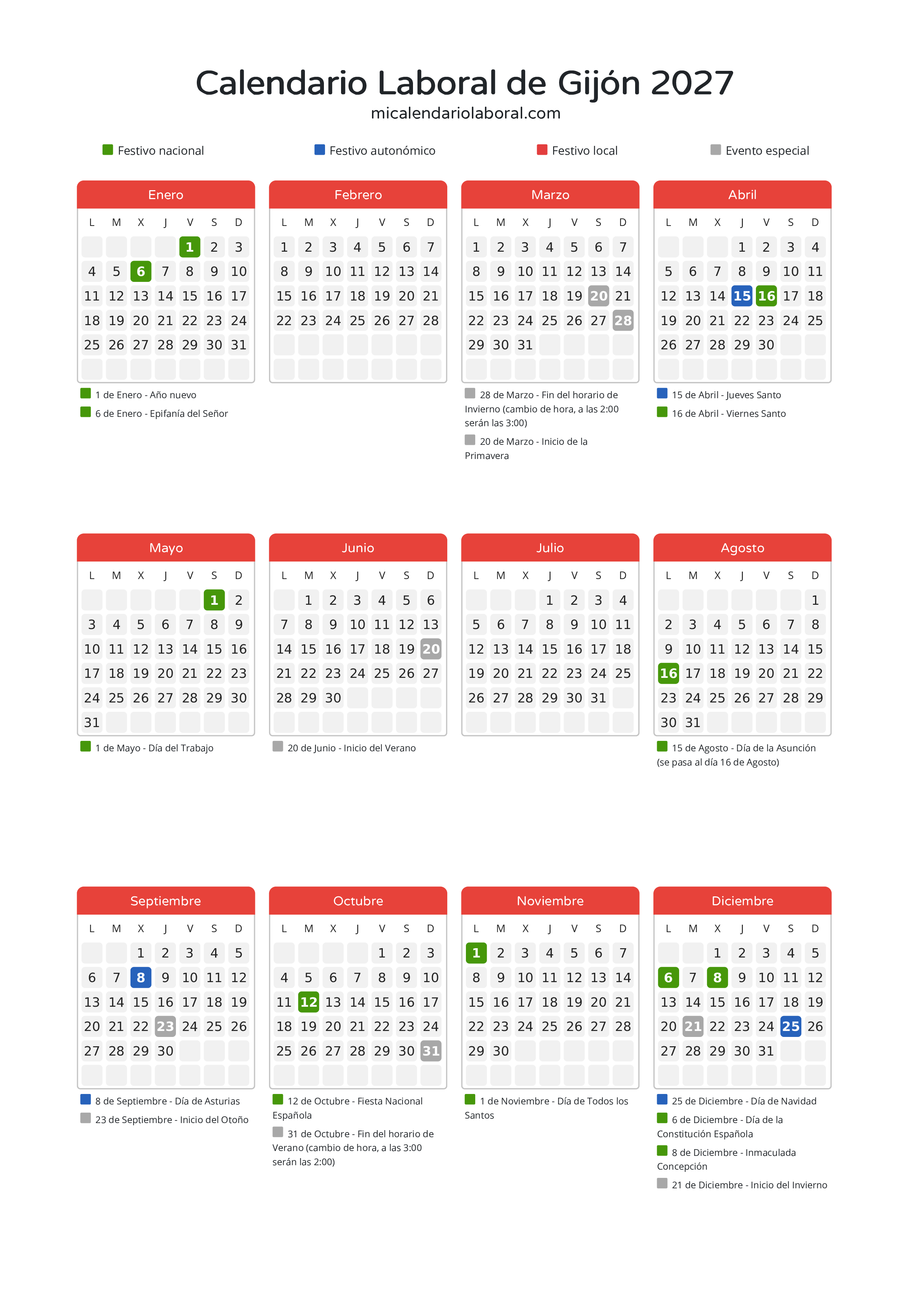 Calendario Laboral de Gijón 2027 - Días festivos - Descubre todos los festivos, días no laborables y días inhábiles en el calendario de Gijón propuestos por Gobierno del Principado de Asturias. Organiza tus vacaciones y puentes en 2027.