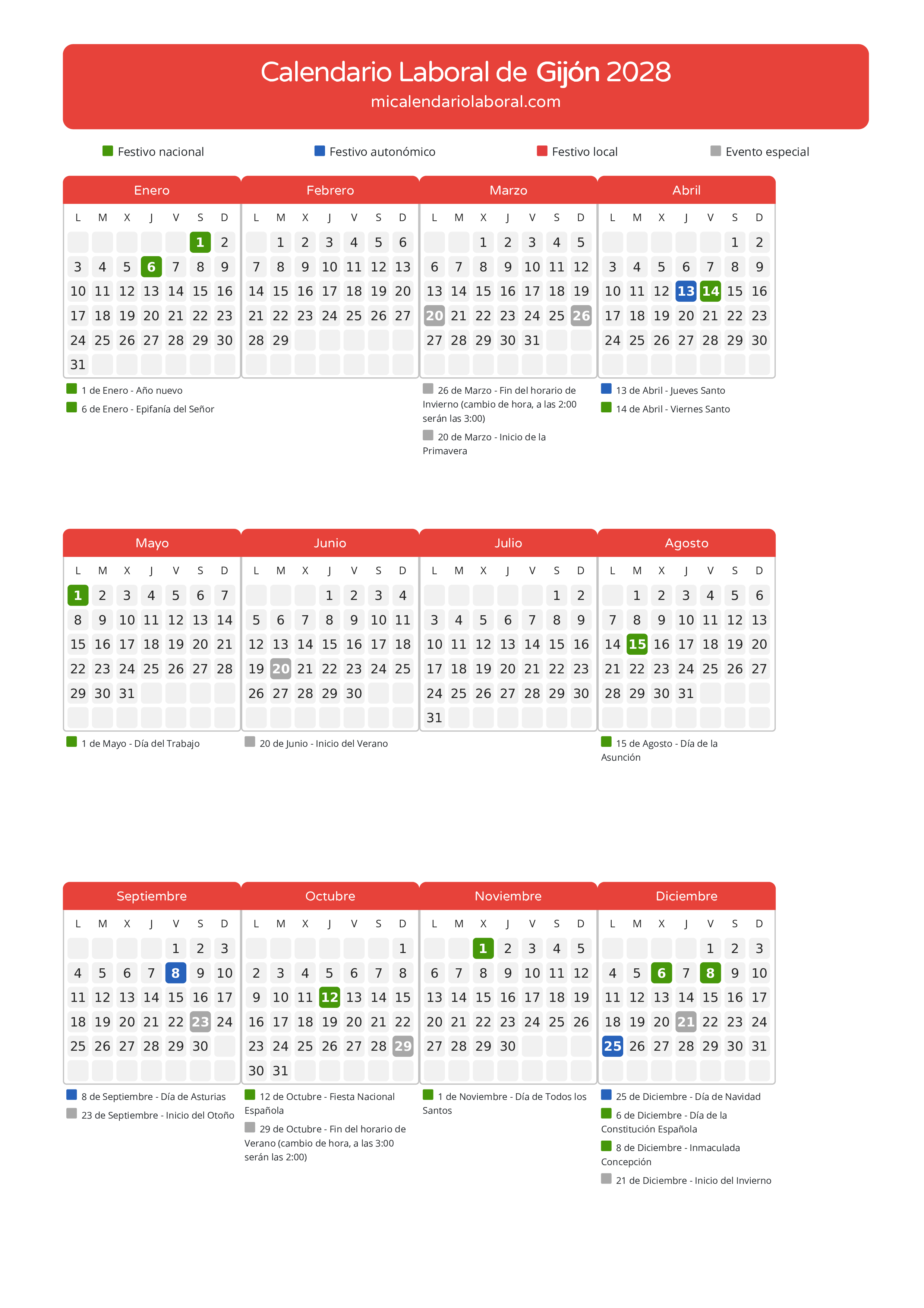 Calendario Laboral de Gijón 2028 - Días festivos - Descubre todos los festivos, días no laborables y días inhábiles en el calendario de Gijón propuestos por Gobierno del Principado de Asturias. Organiza tus vacaciones y puentes en 2028.