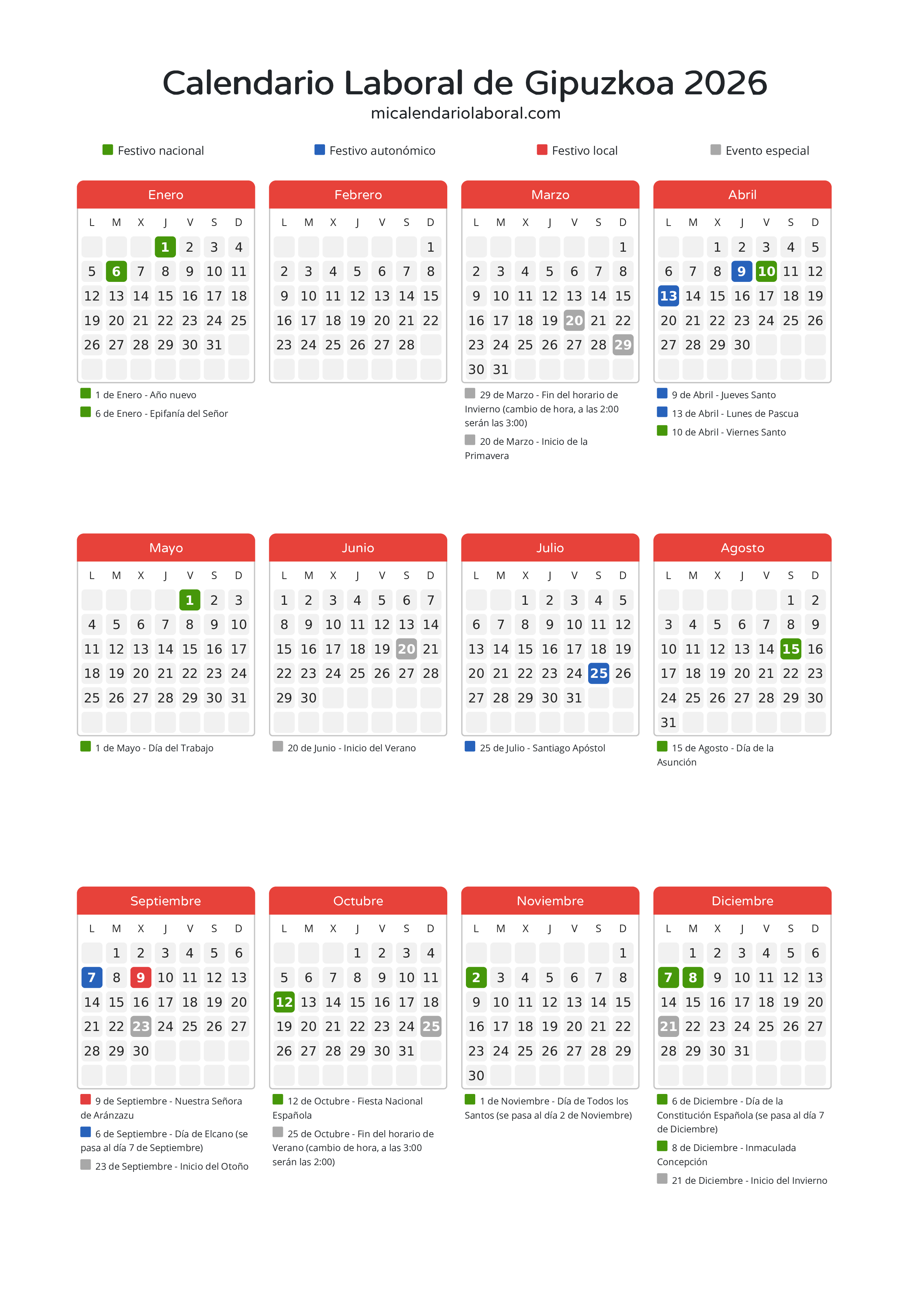 Calendario Laboral de Gipuzkoa 2026 - Días festivos - Descubre todos los festivos, días no laborables y días inhábiles en el calendario de la provincia de Gipuzkoa propuestos por Gobierno Vasco. Anticípate a los eventos y organiza tus vacaciones y puentes en 2026.