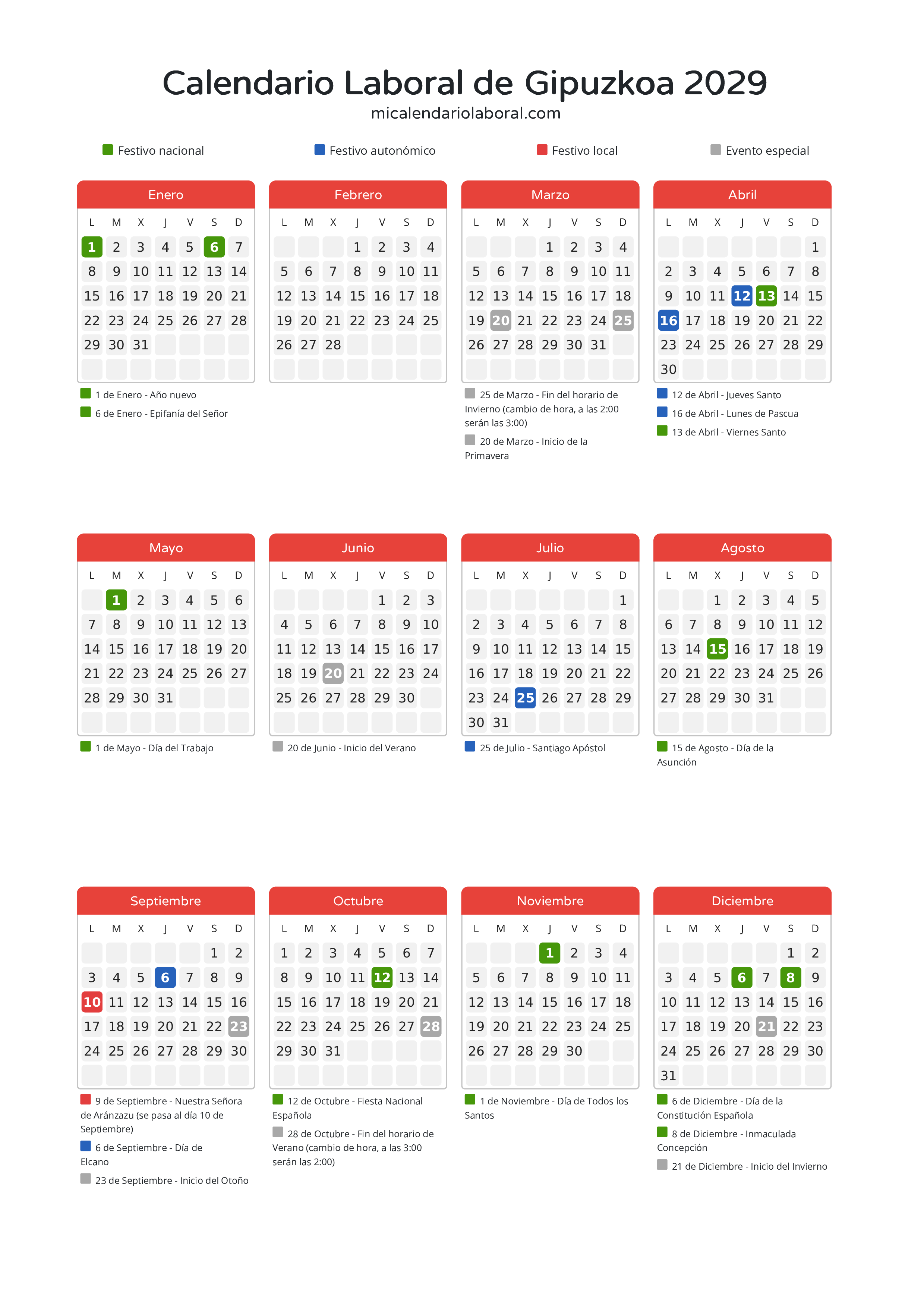 Calendario Laboral de Gipuzkoa 2029 - Días festivos - Todos los festivos y días no laborables del calendario de Gipuzkoa propuestos por Gobierno Vasco. Organiza tus vacaciones y puentes en 2029.