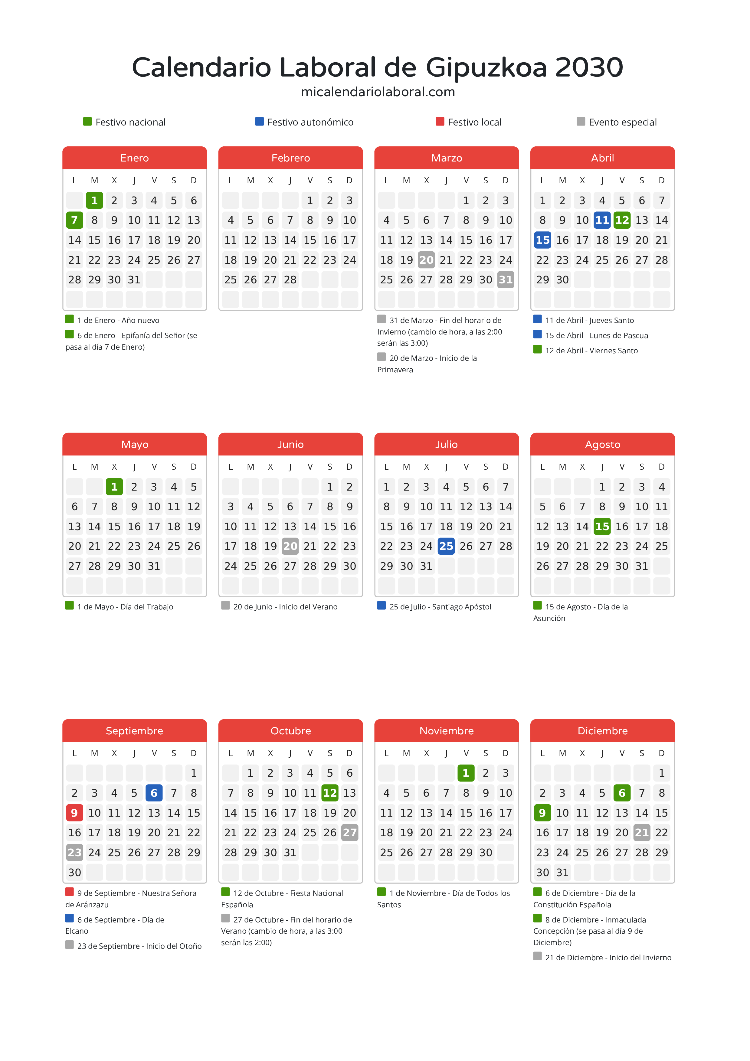 Calendario Laboral de Gipuzkoa 2030 - Días festivos - Todos los festivos y días no laborables del calendario de Gipuzkoa propuestos por Gobierno Vasco. Organiza tus vacaciones y puentes en 2030.