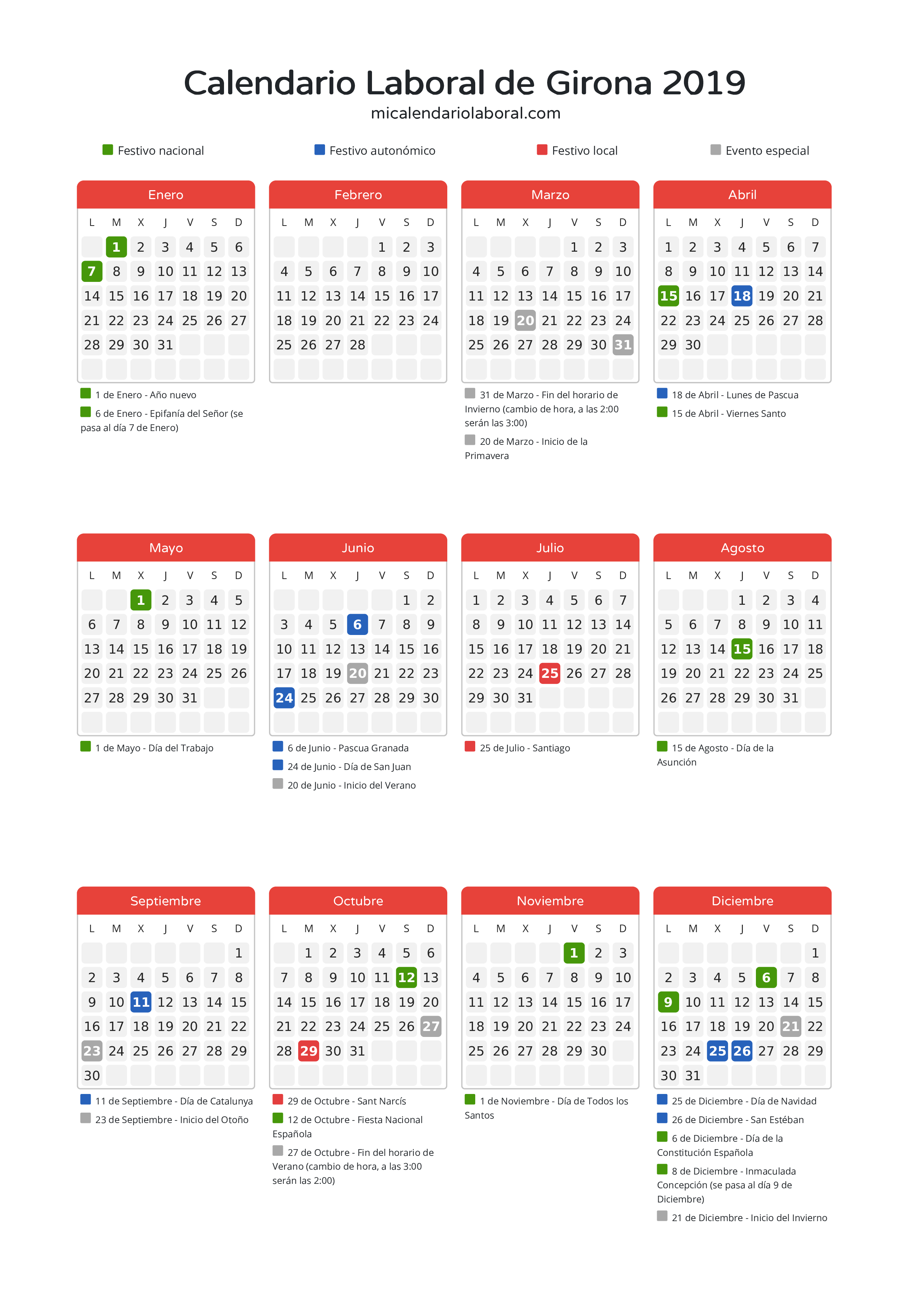 Calendario Laboral de Girona 2019 - Días festivos - Descubre todos los festivos, días no laborables y días inhábiles en el calendario de Girona propuestos por Generalitat de Catalunya. Organiza tus vacaciones y puentes en 2019.