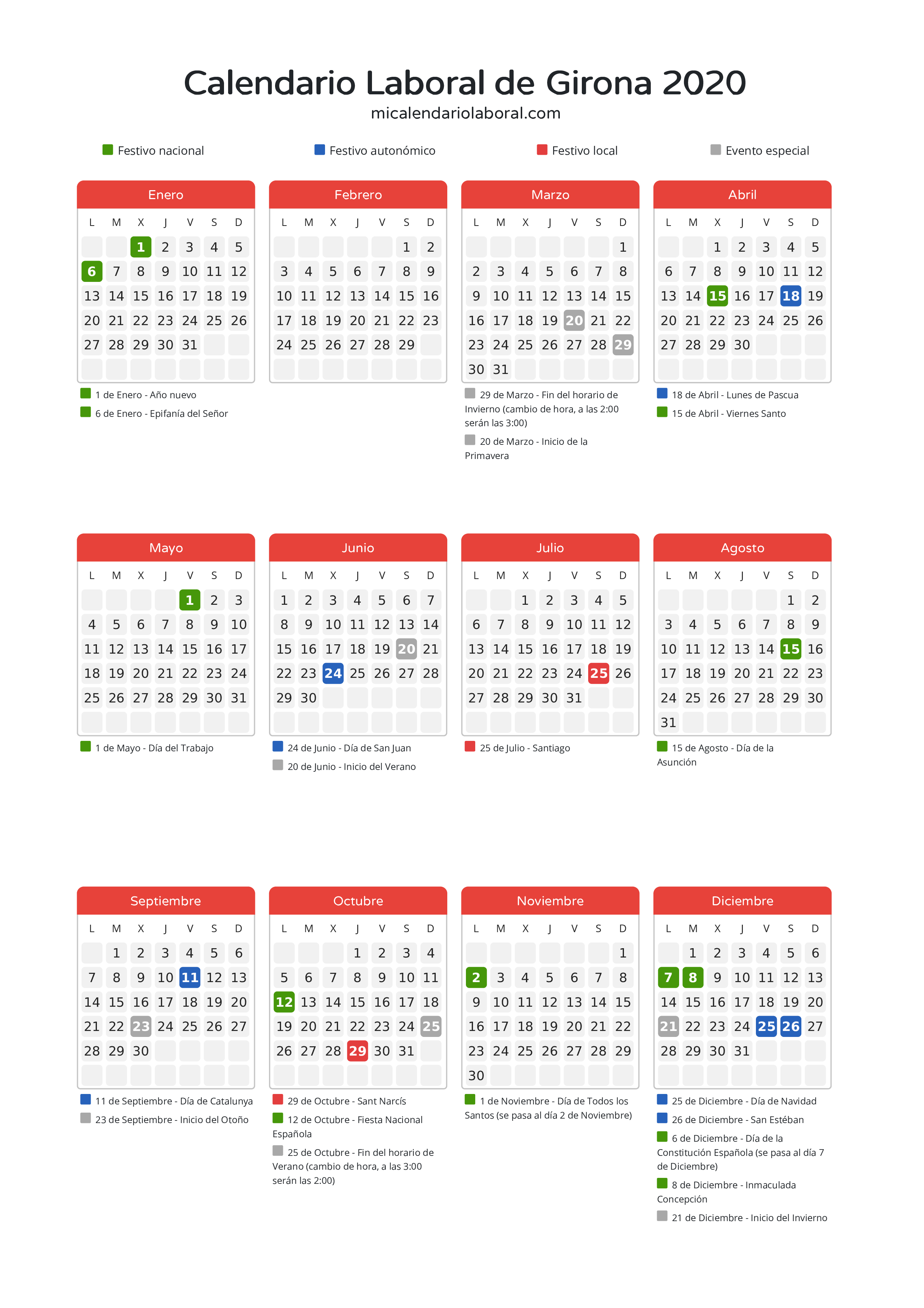 Calendario Laboral de Girona 2020 - Días festivos - Todos los festivos y días no laborables del calendario de Girona propuestos por Generalitat de Catalunya. Organiza tus vacaciones y puentes en 2020.