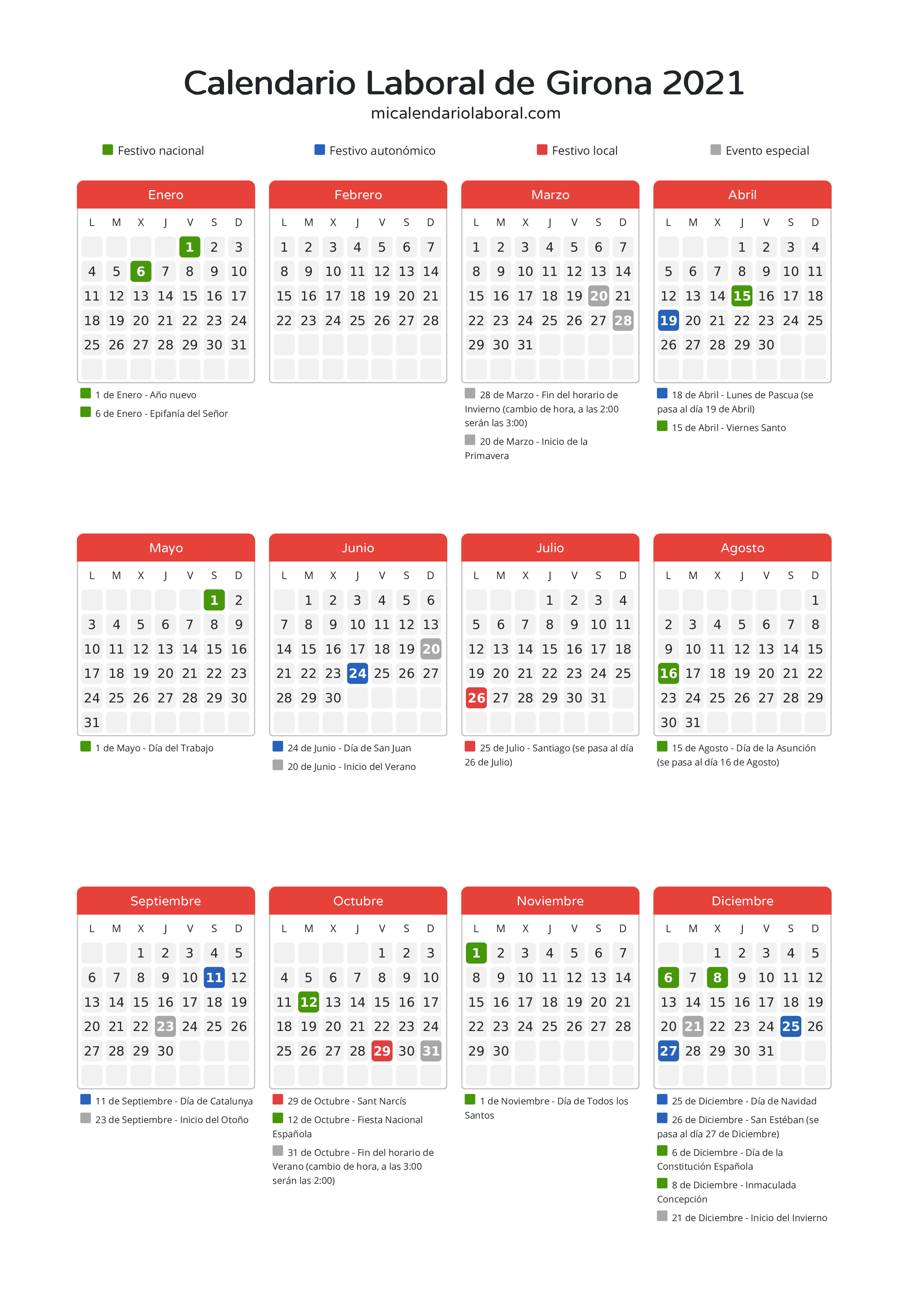 Calendario Laboral de Girona 2021 - Días festivos - Descubre todos los festivos, días no laborables y días inhábiles en el calendario de Girona propuestos por Generalitat de Catalunya. Organiza tus vacaciones y puentes en 2021.