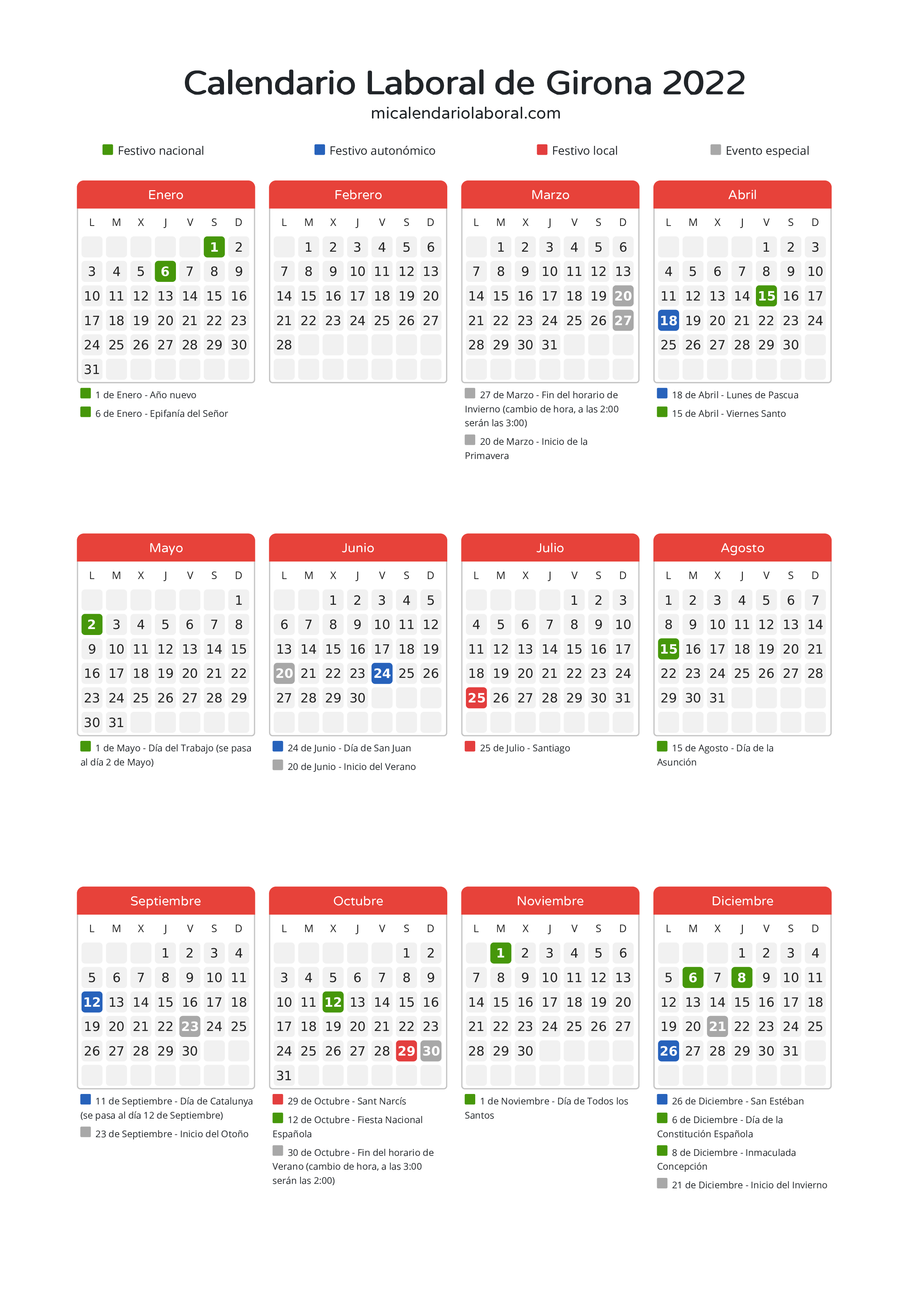 Calendario Laboral de Girona 2022 - Días festivos - Descubre todos los festivos, días no laborables y días inhábiles en el calendario de Girona propuestos por Generalitat de Catalunya. Organiza tus vacaciones y puentes en 2022.
