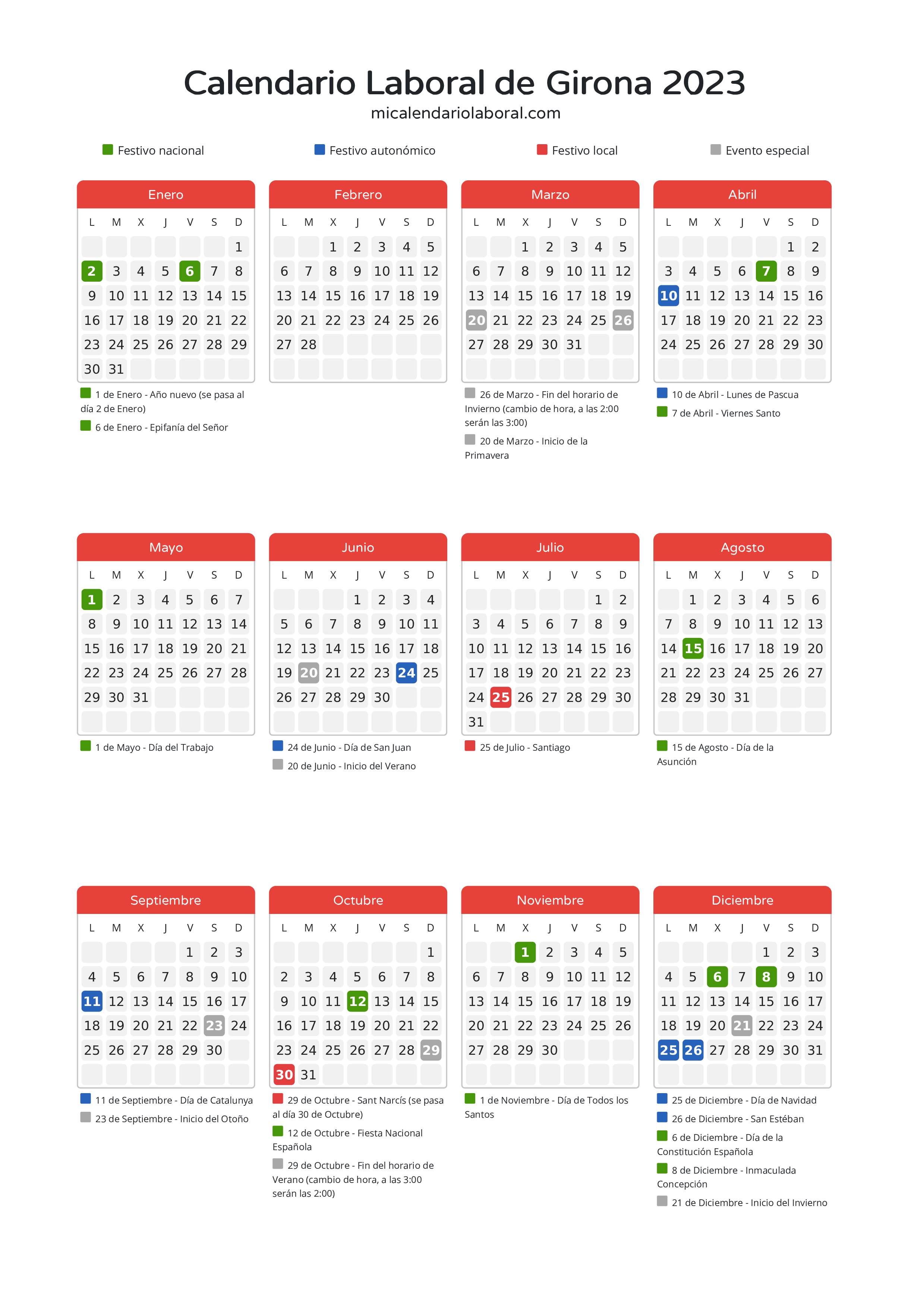 Calendario Laboral de Girona 2023 - Días festivos - Aquí tienes todos los días festivos, no laborables y días inhábiles de la provincia del calendario de Girona del año 2023