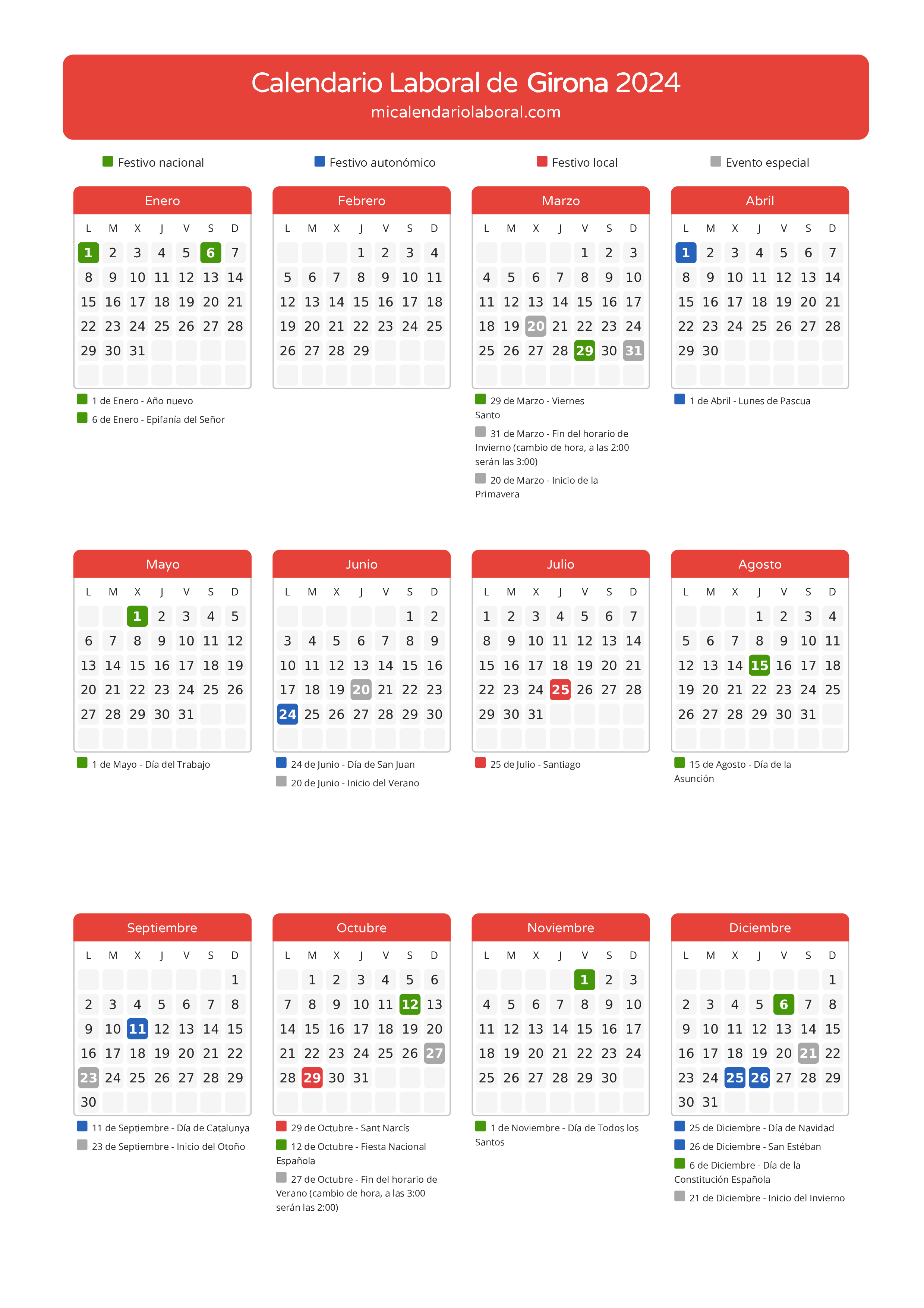 Calendario Laboral de Girona 2024 - Días festivos - Aquí tienes todos los días festivos, no laborables y días inhábiles de la provincia del calendario de Girona del año 2024