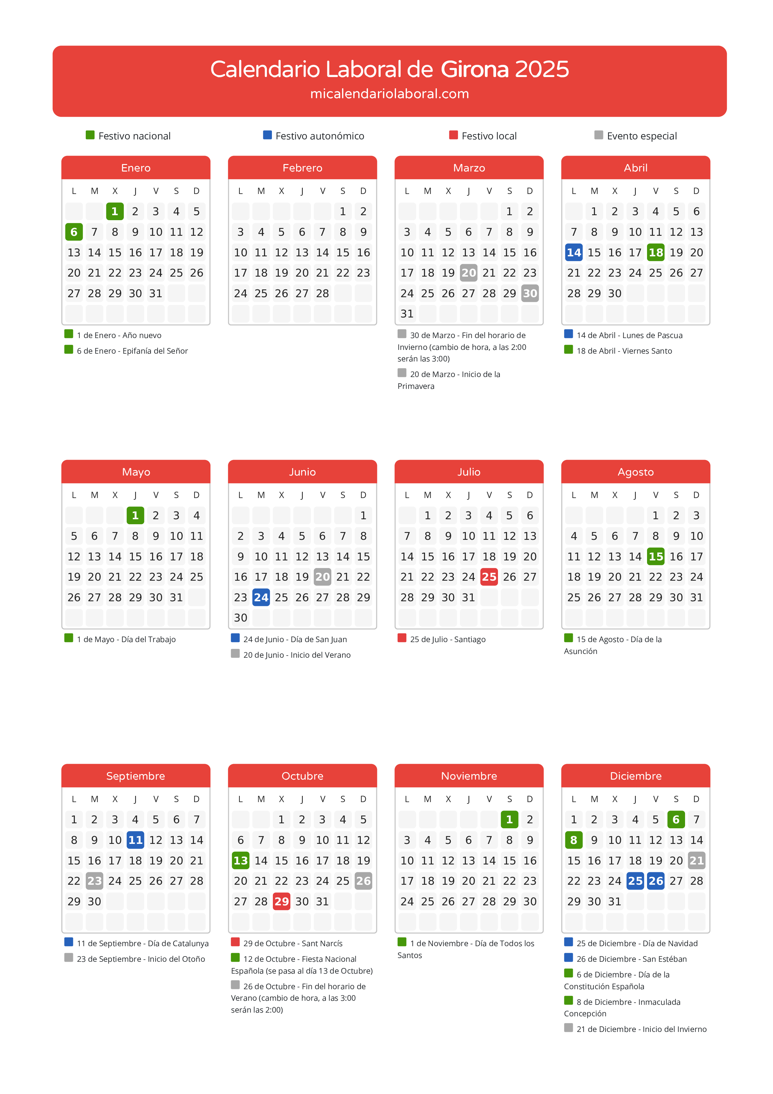 Calendario Laboral de Girona 2025 - Días festivos - Aquí tienes todos los días festivos, no laborables y días inhábiles de la provincia del calendario de Girona del año 2025