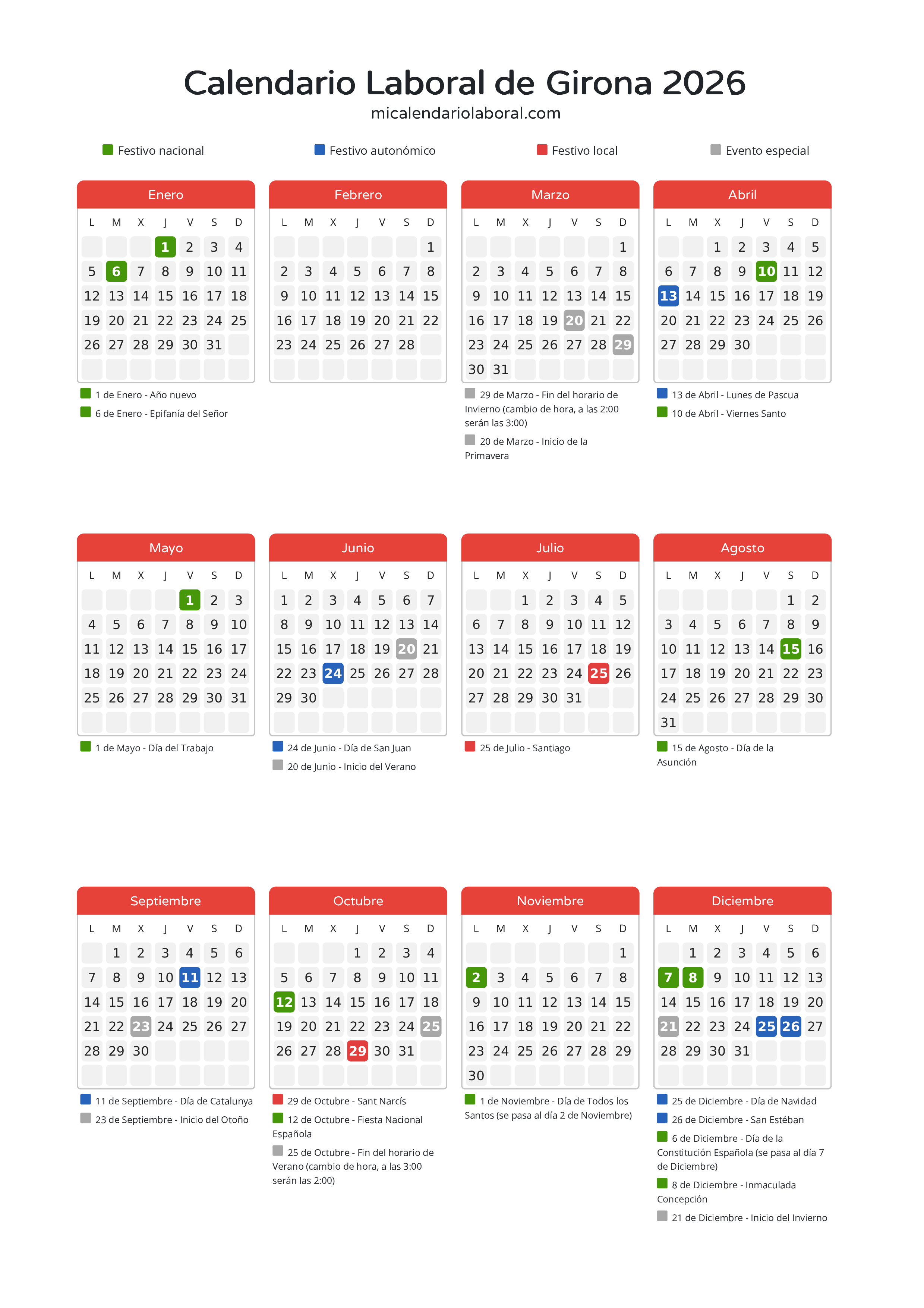 Calendario Laboral de Girona 2026 - Días festivos - Descubre todos los festivos, días no laborables y días inhábiles en el calendario de Girona propuestos por Generalitat de Catalunya. Organiza tus vacaciones y puentes en 2026.