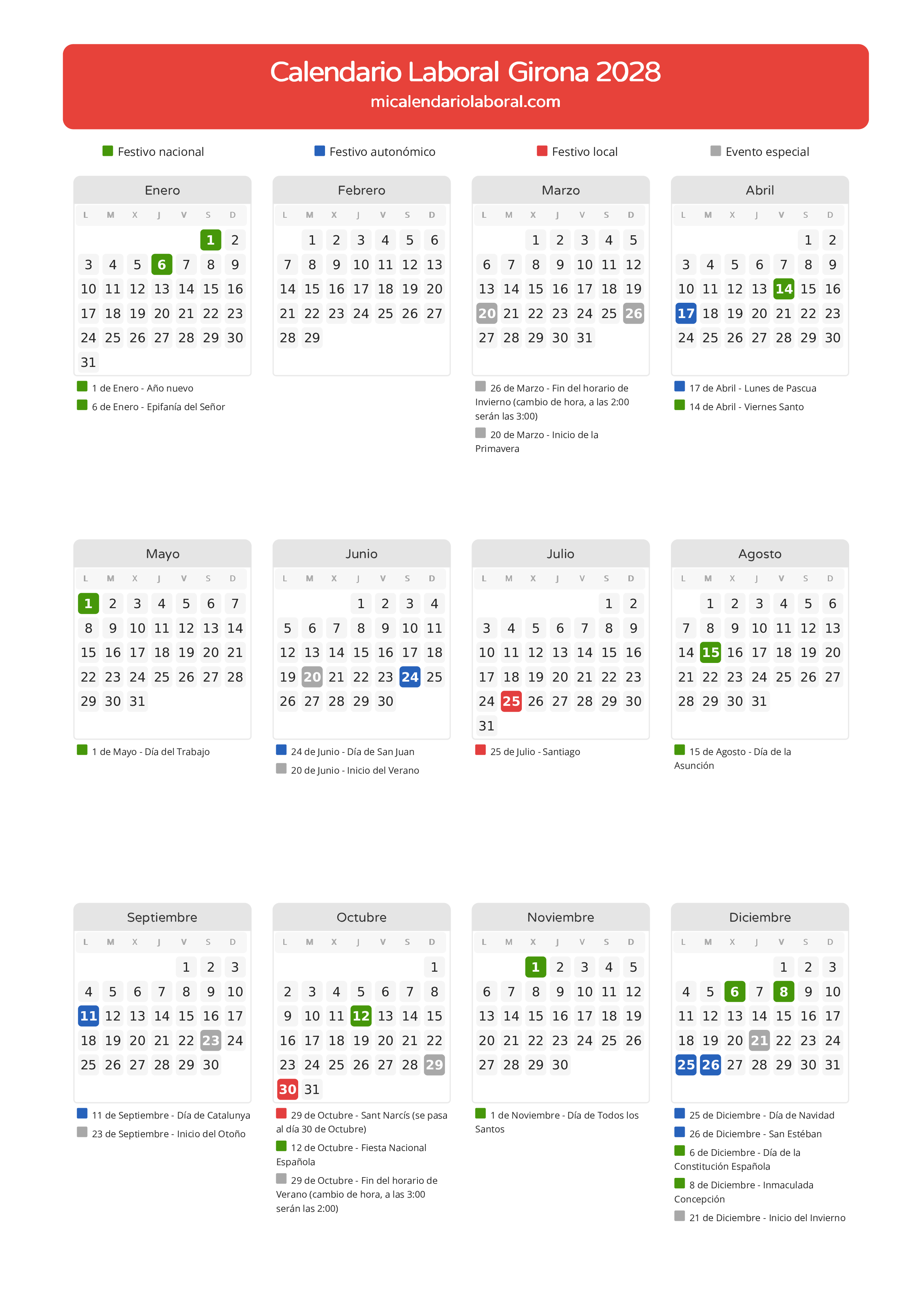 Calendario Laboral de Girona 2028 - Días festivos - Todos los festivos y días no laborables del calendario de Girona propuestos por Generalitat de Catalunya. Organiza tus vacaciones y puentes en 2028.
