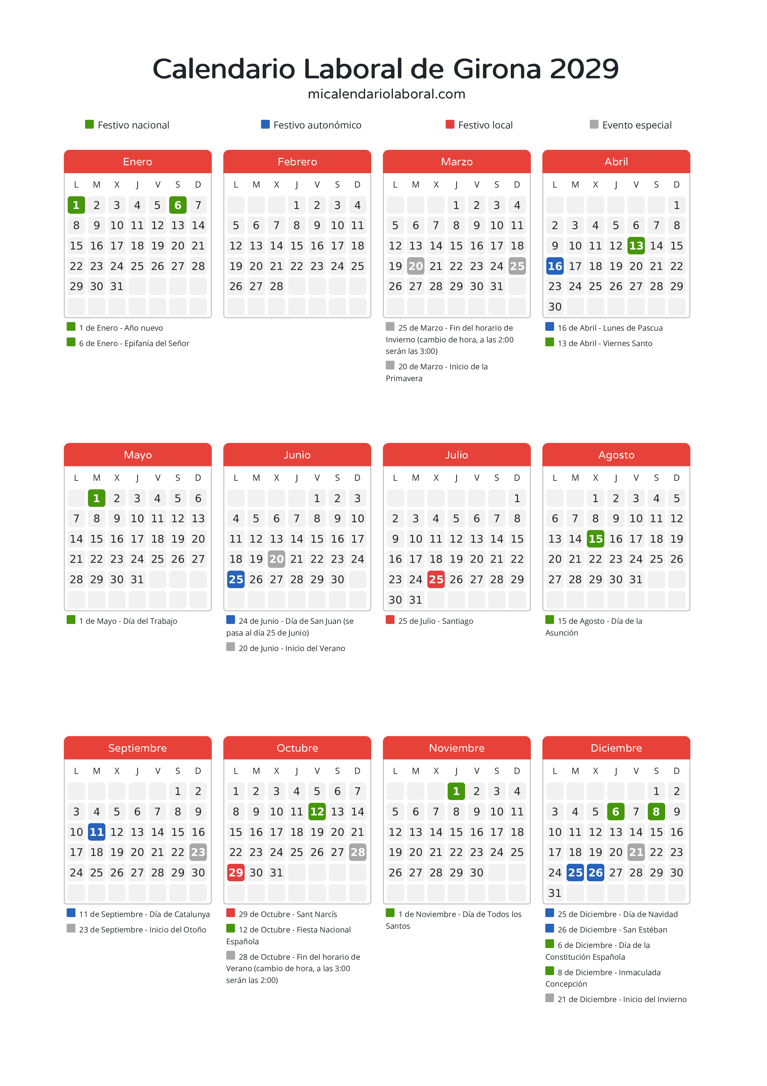 Calendario Laboral de Girona 2029 - Días festivos - Descubre todos los festivos, días no laborables y días inhábiles en el calendario de Girona propuestos por Generalitat de Catalunya. Organiza tus vacaciones y puentes en 2029.