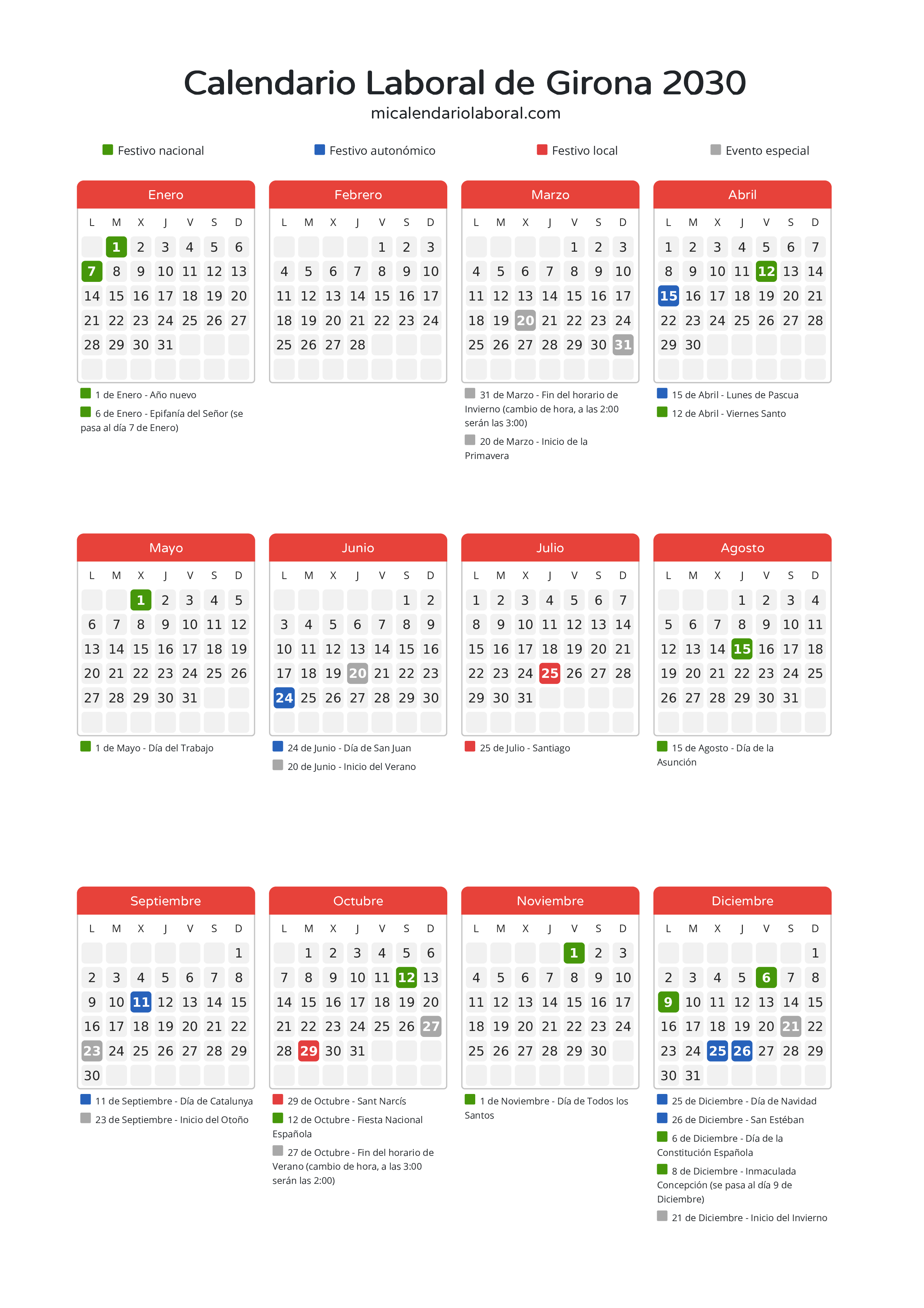 Calendario Laboral de Girona 2030 - Días festivos - Todos los festivos y días no laborables del calendario de Girona propuestos por Generalitat de Catalunya. Organiza tus vacaciones y puentes en 2030.