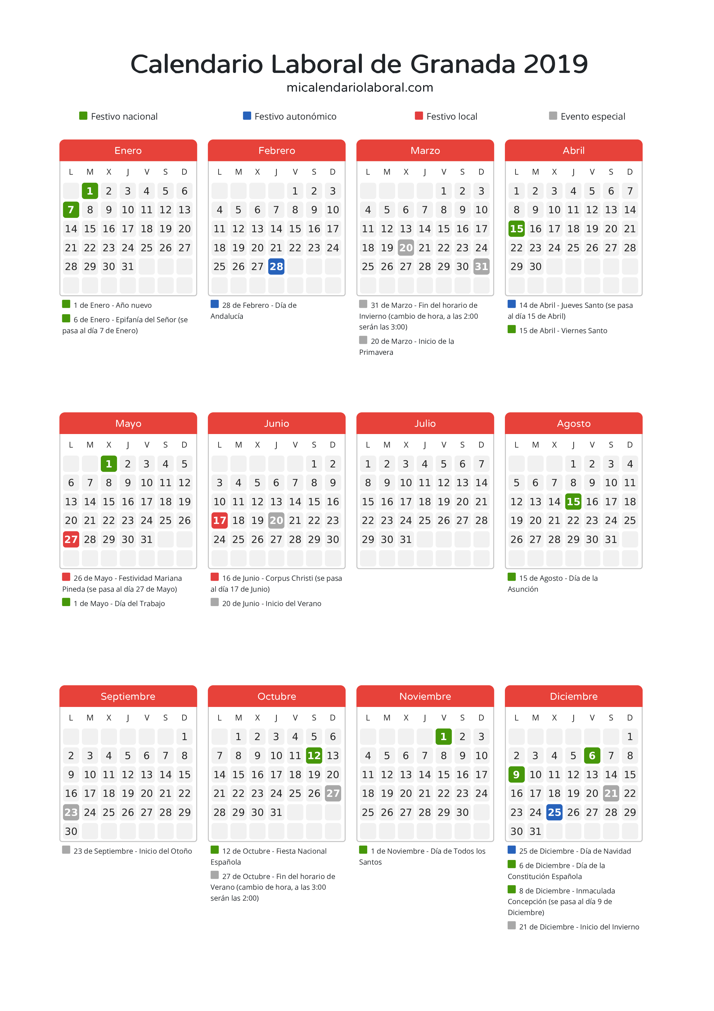 Calendario Laboral de Granada 2019 - Días festivos - Descubre todos los festivos, días no laborables y días inhábiles en el calendario de Granada propuestos por Junta de Andalucía. Organiza tus vacaciones y puentes en 2019.