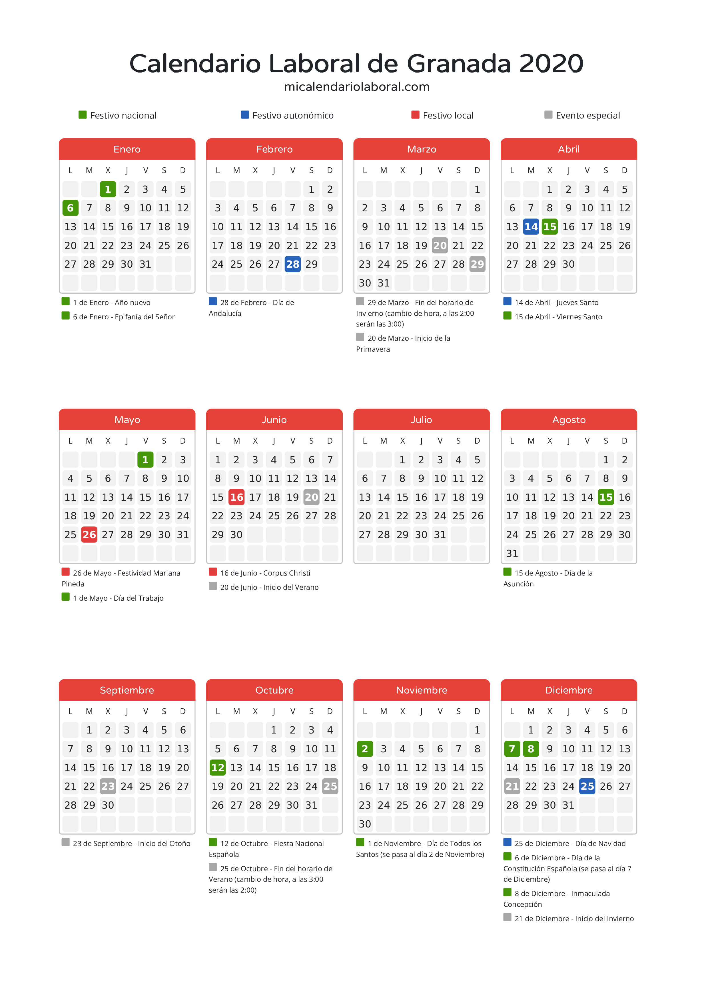 Calendario Laboral de Granada 2020 - Días festivos - Descubre todos los festivos, días no laborables y días inhábiles en el calendario de Granada propuestos por Junta de Andalucía. Organiza tus vacaciones y puentes en 2020.
