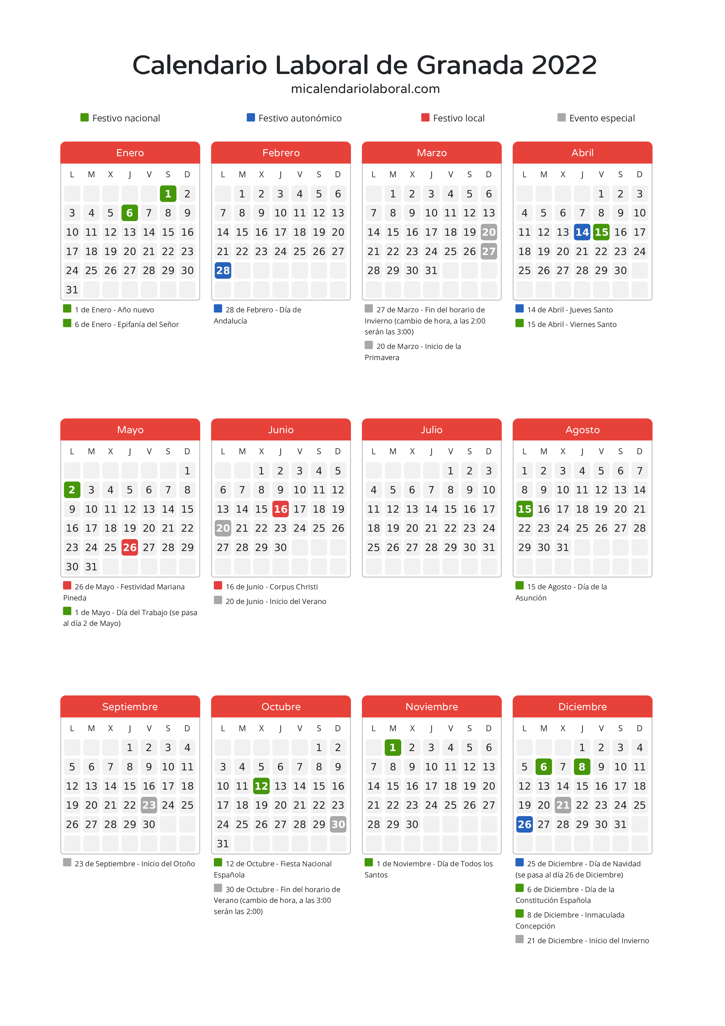 Calendario Laboral de Granada 2022 - Días festivos - Todos los festivos y días no laborables del calendario de Granada propuestos por Junta de Andalucía. Organiza tus vacaciones y puentes en 2022.
