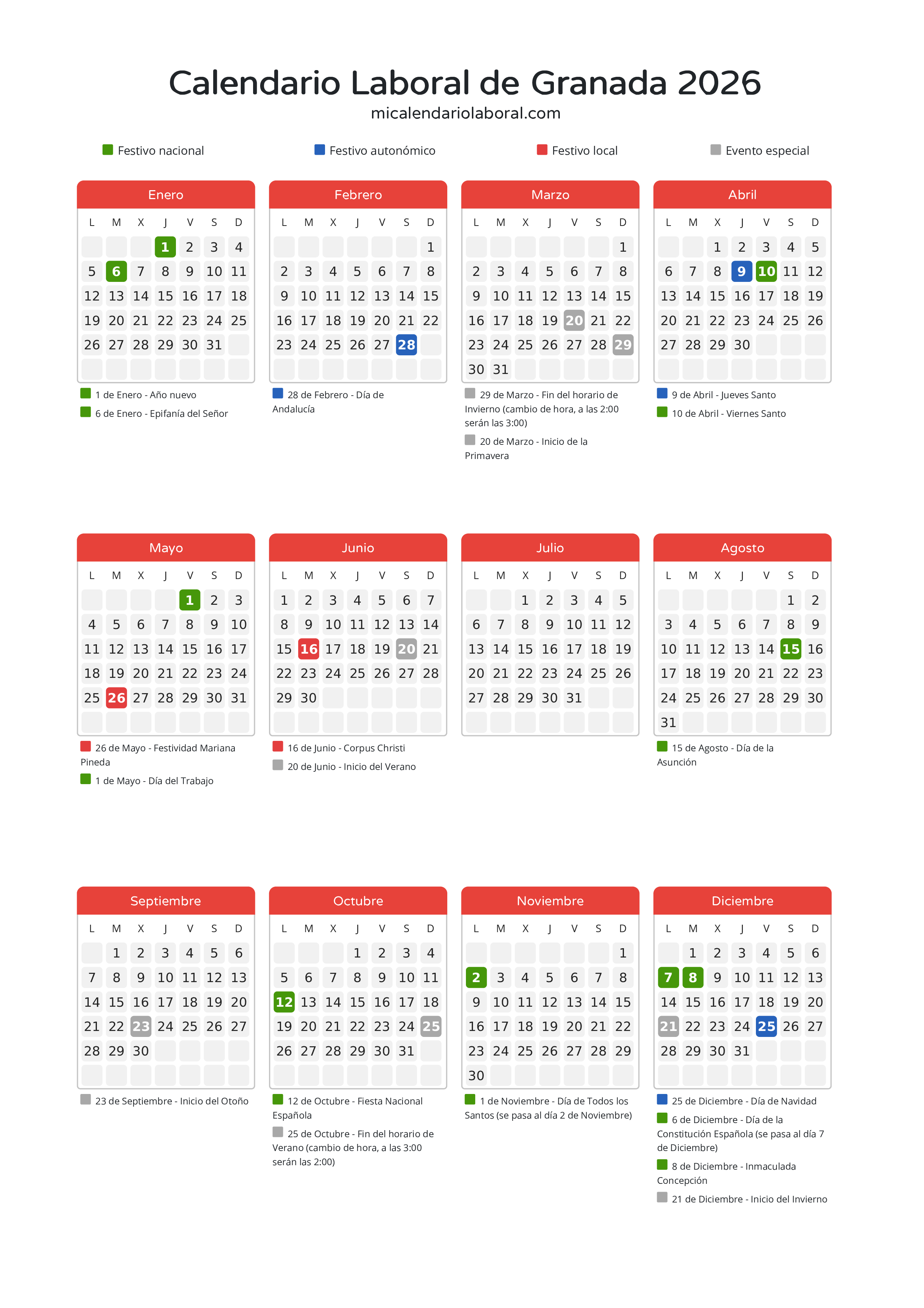 Calendario Laboral de Granada 2026 - Días festivos - Descubre todos los festivos, días no laborables y días inhábiles en el calendario de Granada propuestos por Junta de Andalucía. Organiza tus vacaciones y puentes en 2026.