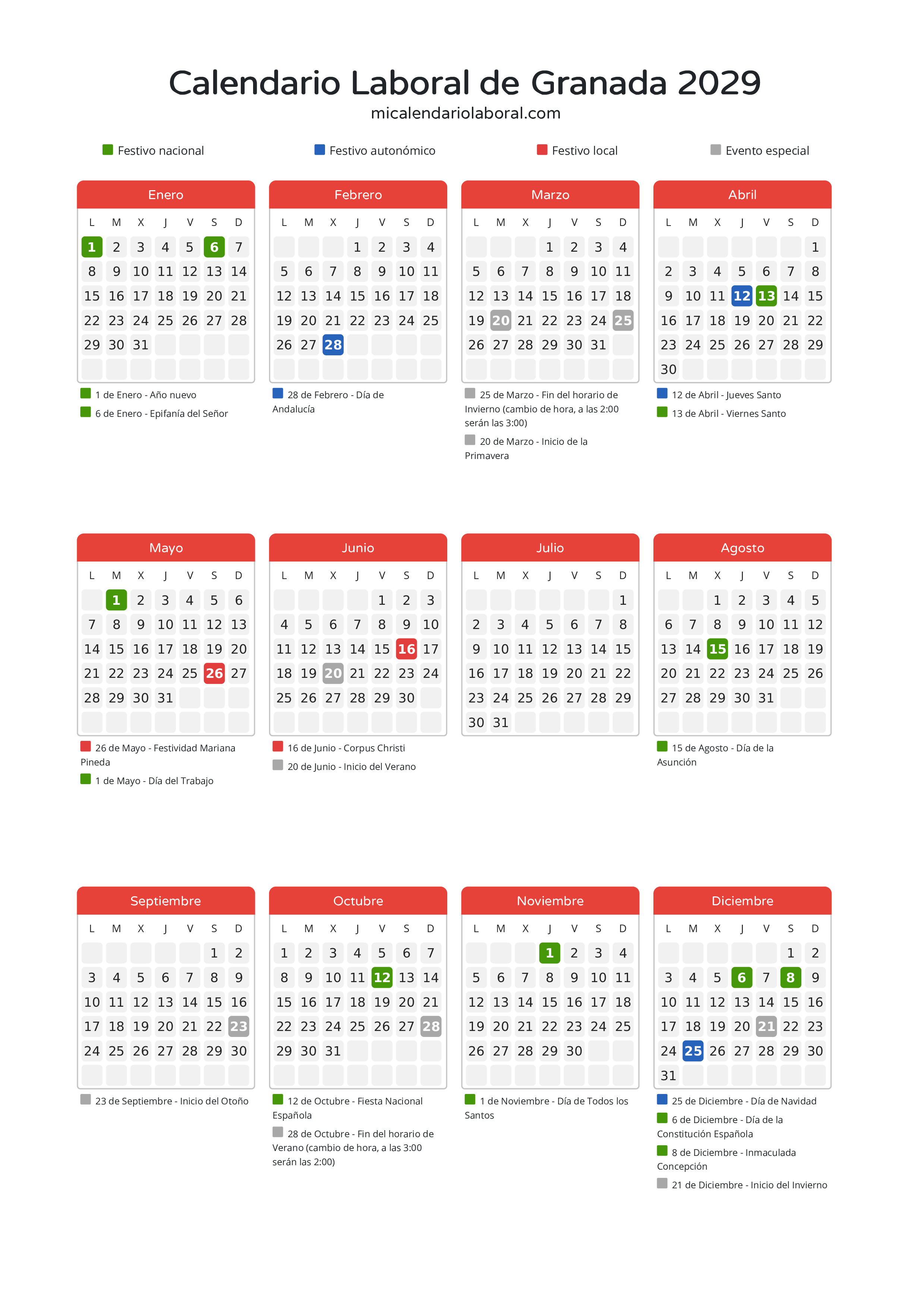 Calendario Laboral de Granada 2029 - Días festivos - Descubre todos los festivos, días no laborables y días inhábiles en el calendario de Granada propuestos por Junta de Andalucía. Organiza tus vacaciones y puentes en 2029.