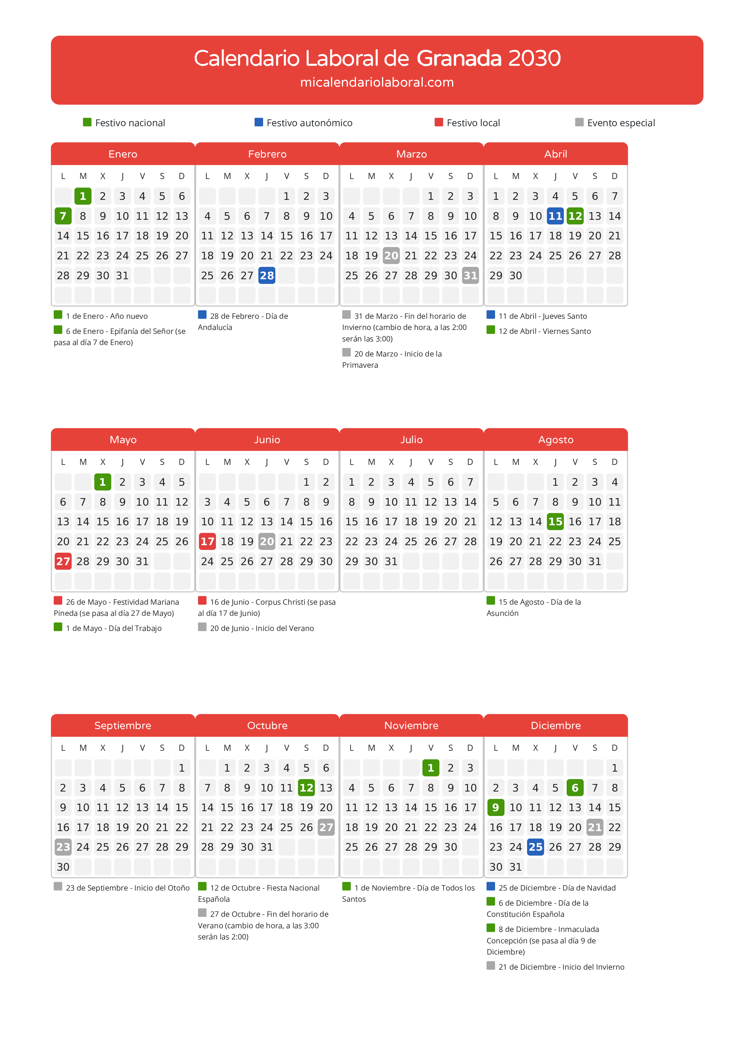 Calendario Laboral de Granada 2030 - Días festivos - Todos los festivos y días no laborables del calendario de Granada propuestos por Junta de Andalucía. Organiza tus vacaciones y puentes en 2030.