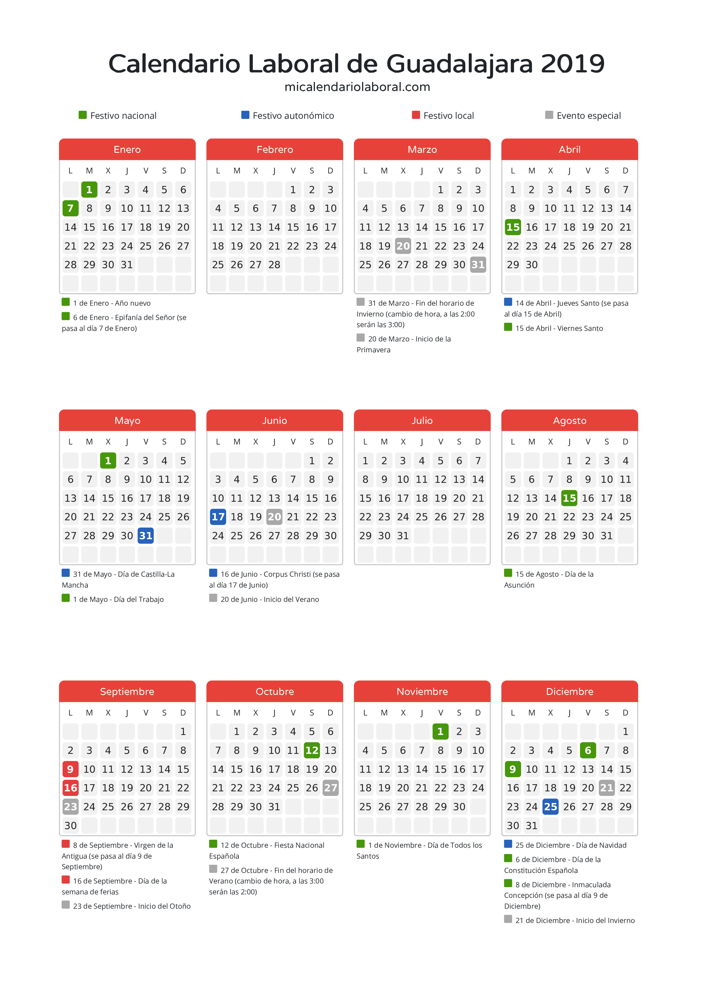 Calendario Laboral de Guadalajara 2019 - Días festivos - Descubre todos los festivos, días no laborables y días inhábiles en el calendario de Guadalajara propuestos por Junta de Comunidades de Castilla-La Mancha. Organiza tus vacaciones y puentes en 2019.
