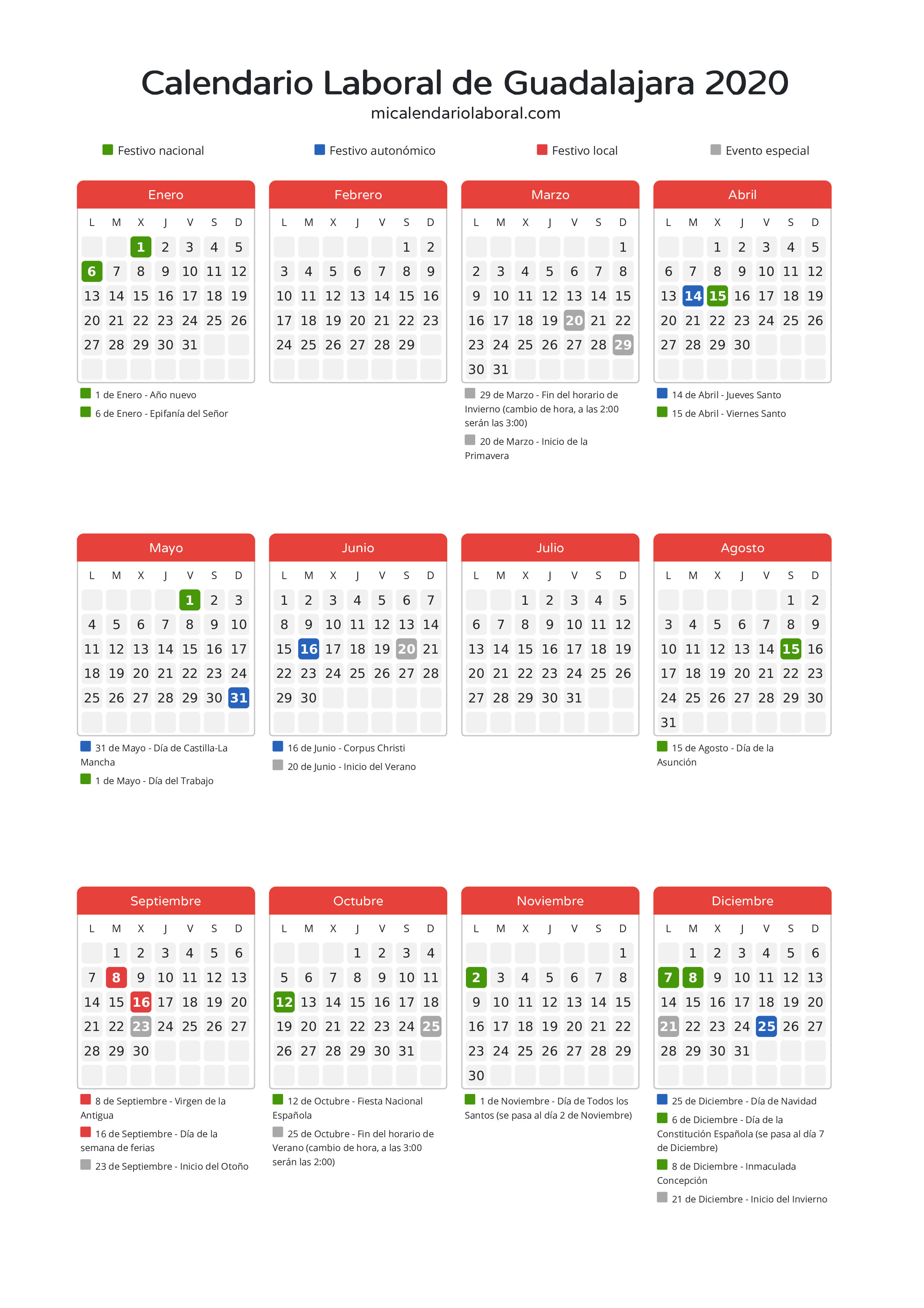 Calendario Laboral de Guadalajara 2020 - Días festivos - Descubre todos los festivos, días no laborables y días inhábiles en el calendario de Guadalajara propuestos por Junta de Comunidades de Castilla-La Mancha. Organiza tus vacaciones y puentes en 2020.