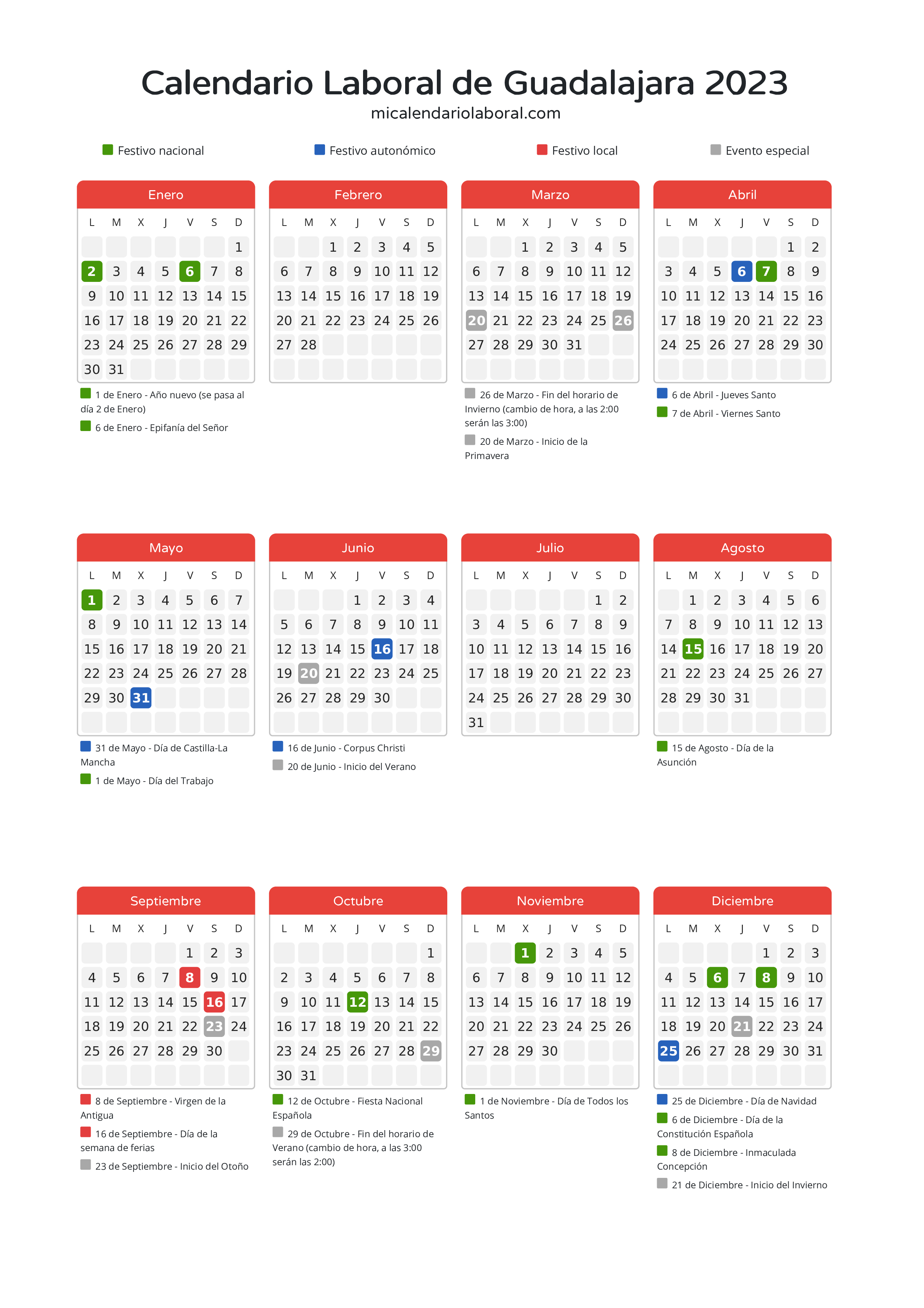 Calendario Laboral de Guadalajara 2023 - Días festivos - Aquí tienes todos los días festivos, no laborables y días inhábiles de la provincia del calendario de Guadalajara del año 2023