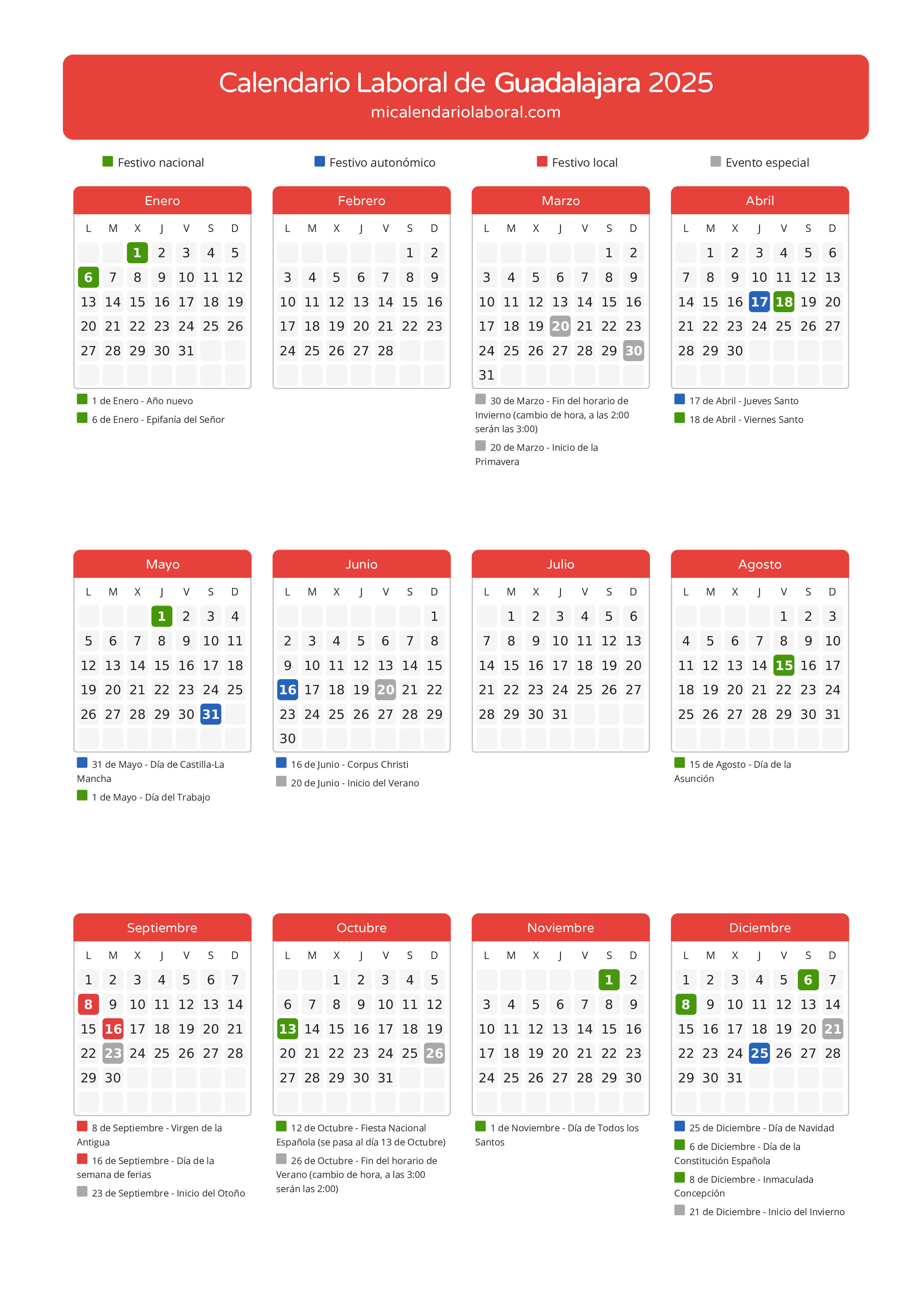 Calendario Laboral de Guadalajara 2025 - Días festivos - Aquí tienes todos los días festivos, no laborables y días inhábiles de la provincia del calendario de Guadalajara del año 2025