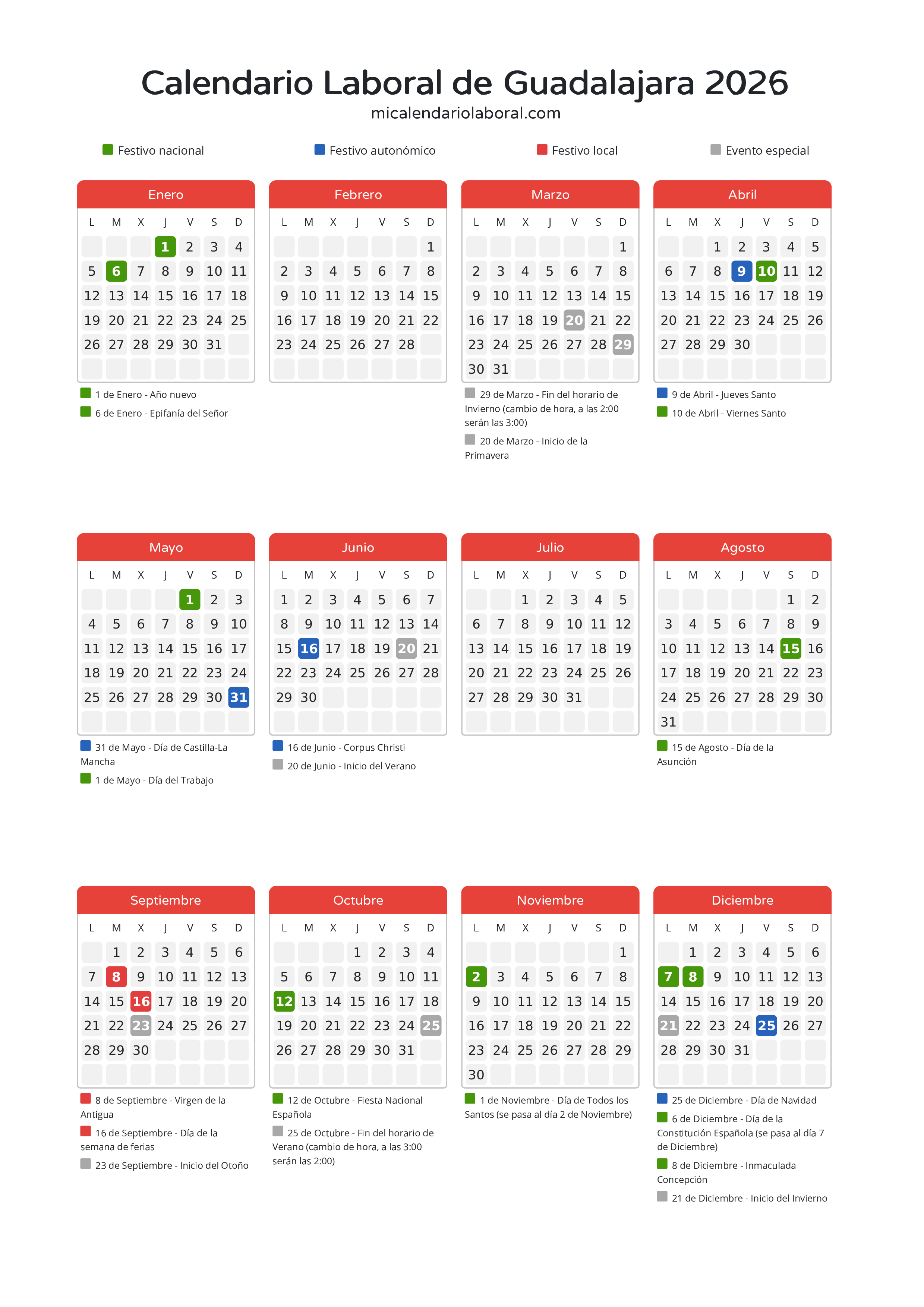 Calendario Laboral de Guadalajara 2026 - Días festivos - Descubre todos los festivos, días no laborables y días inhábiles en el calendario de Guadalajara propuestos por Junta de Comunidades de Castilla-La Mancha. Organiza tus vacaciones y puentes en 2026.