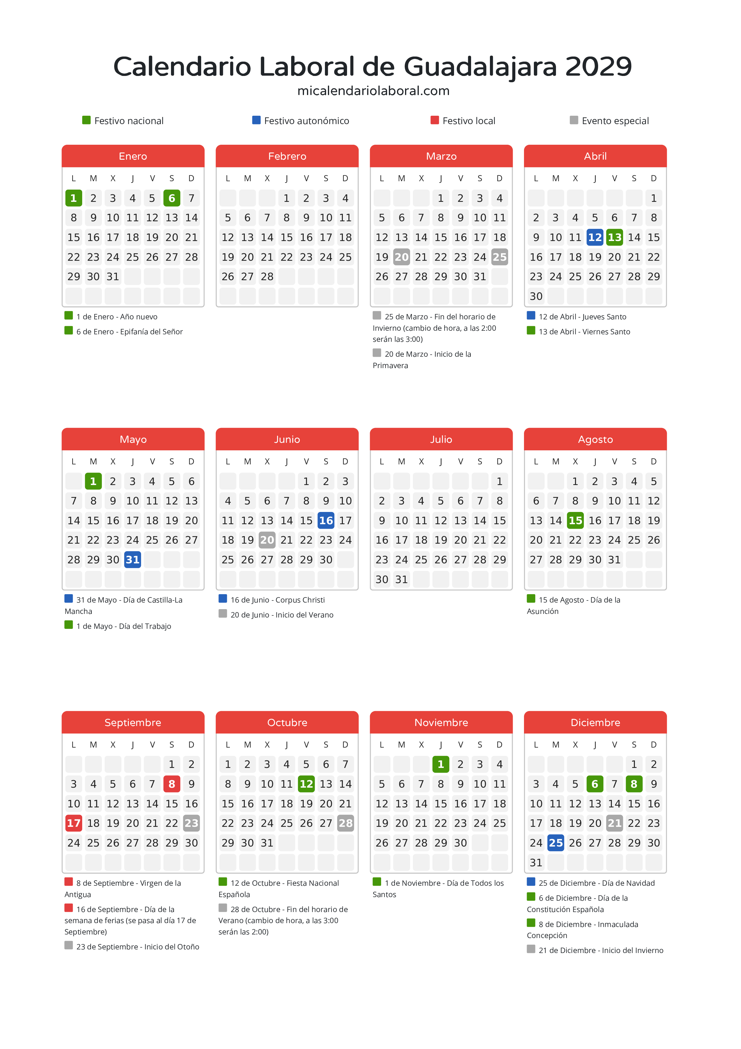Calendario Laboral de Guadalajara 2029 - Días festivos - Descubre todos los festivos, días no laborables y días inhábiles en el calendario de Guadalajara propuestos por Junta de Comunidades de Castilla-La Mancha. Organiza tus vacaciones y puentes en 2029.