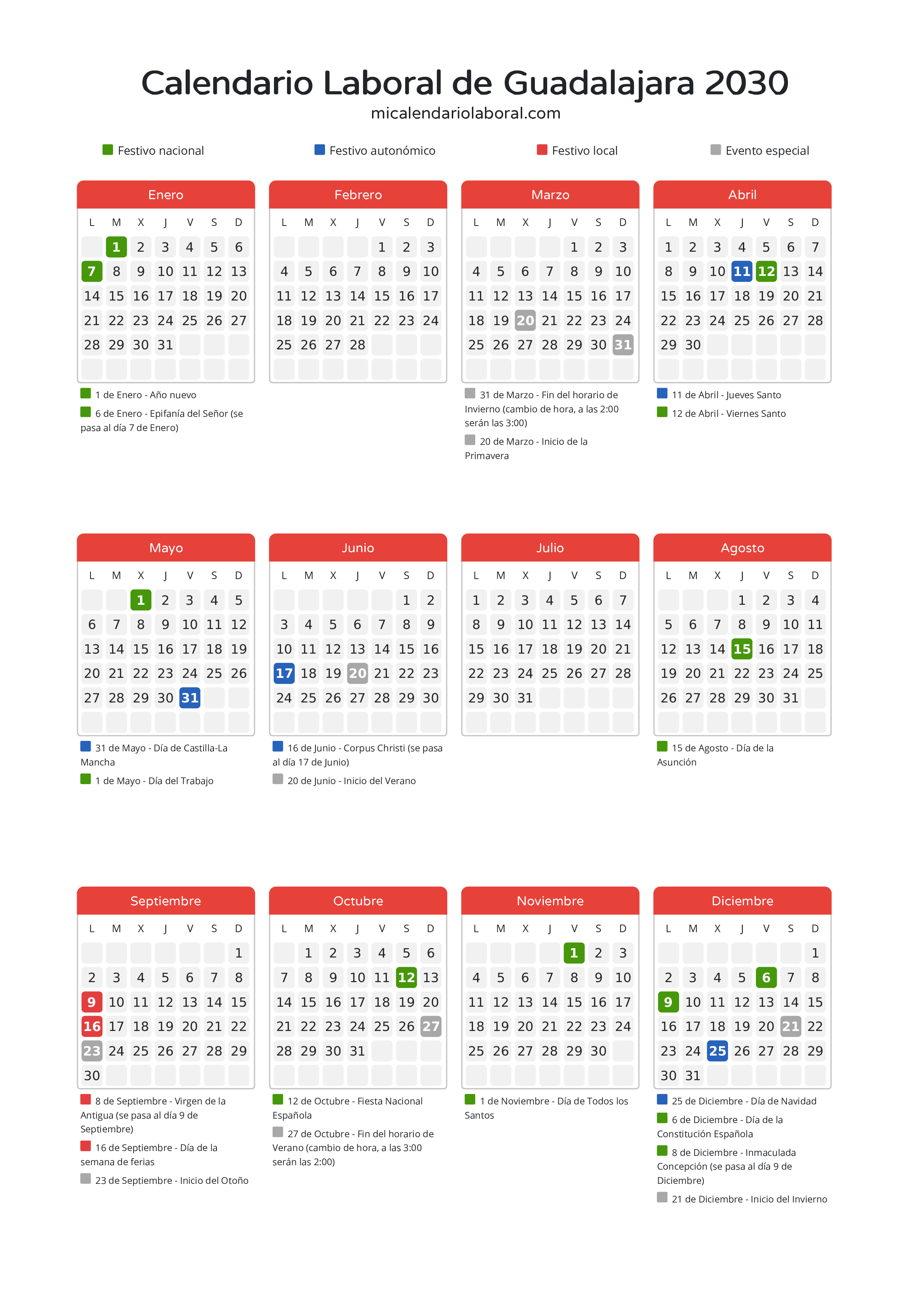 Calendario Laboral de Guadalajara 2030 - Días festivos - Todos los festivos y días no laborables del calendario de Guadalajara propuestos por Junta de Comunidades de Castilla-La Mancha. Organiza tus vacaciones y puentes en 2030.