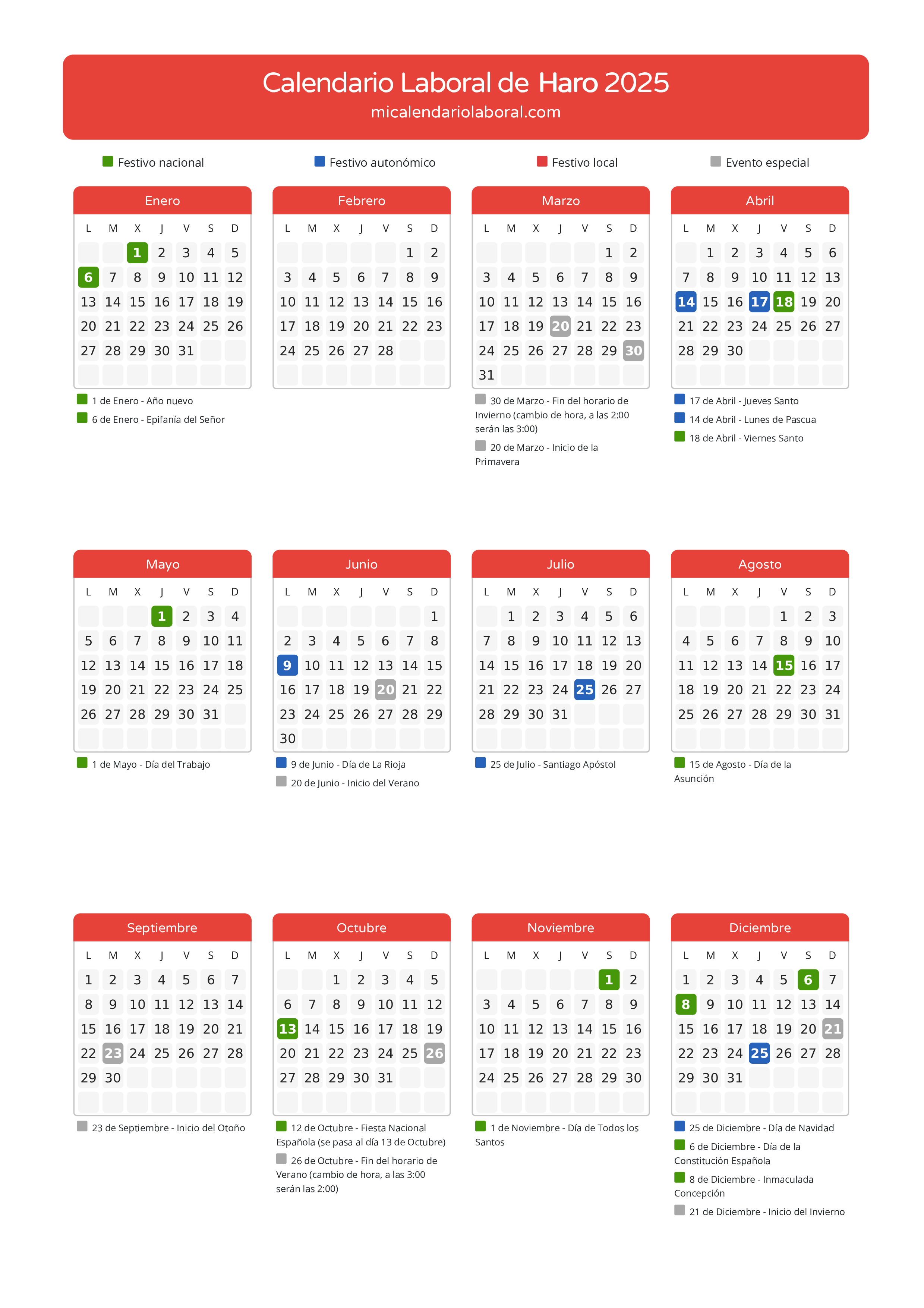 Calendario Laboral de Haro 2025 - Días festivos - Aquí tienes todos los días festivos, no laborables y días inhábiles de la provincia del calendario de Haro del año 2025