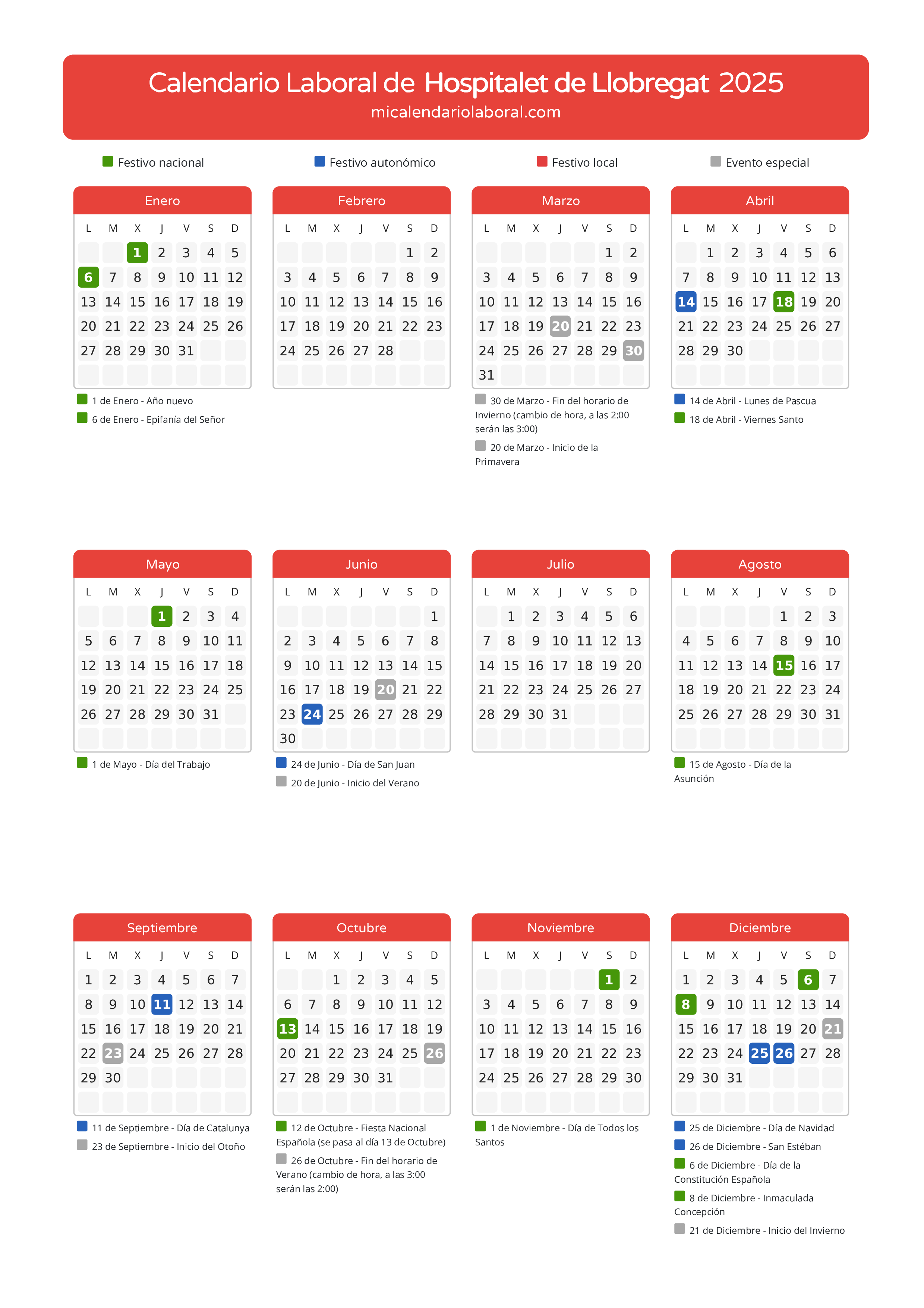 Calendario Laboral de Hospitalet de Llobregat 2025 - Días festivos - Descubre todos los festivos, días no laborables y días inhábiles en el calendario de la provincia de Hospitalet de Llobregat propuestos por Generalitat de Catalunya. Anticípate a los eventos y organiza tus vacaciones y puentes en 2025.