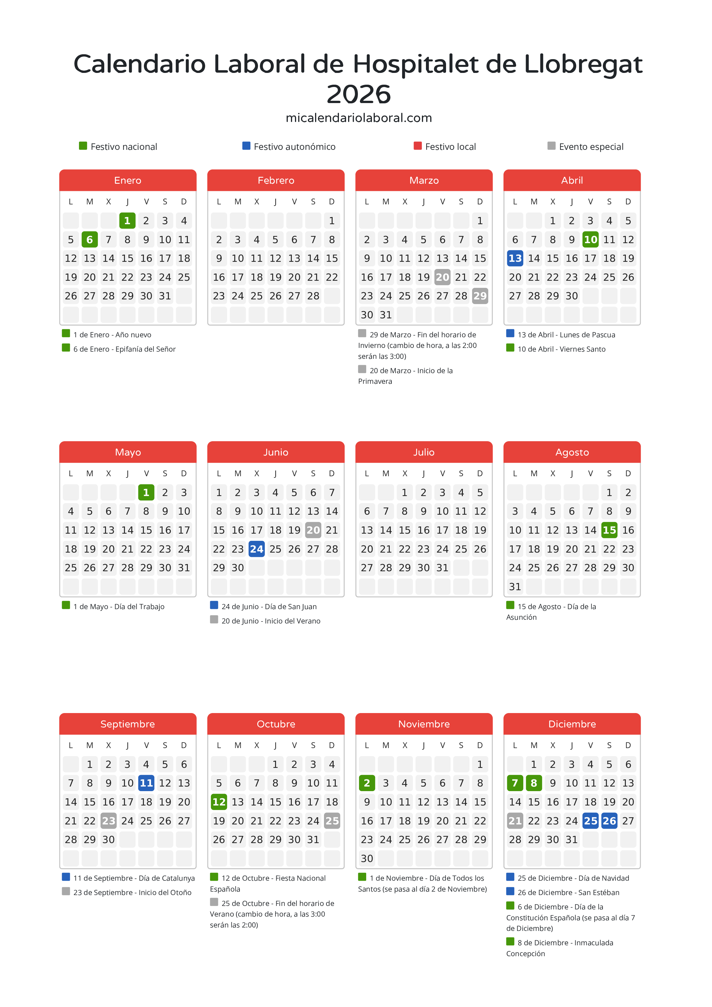 Calendario Laboral de Hospitalet de Llobregat 2026 - Días festivos - Descubre todos los festivos, días no laborables y días inhábiles en el calendario de Hospitalet de Llobregat propuestos por Generalitat de Catalunya. Organiza tus vacaciones y puentes en 2026.