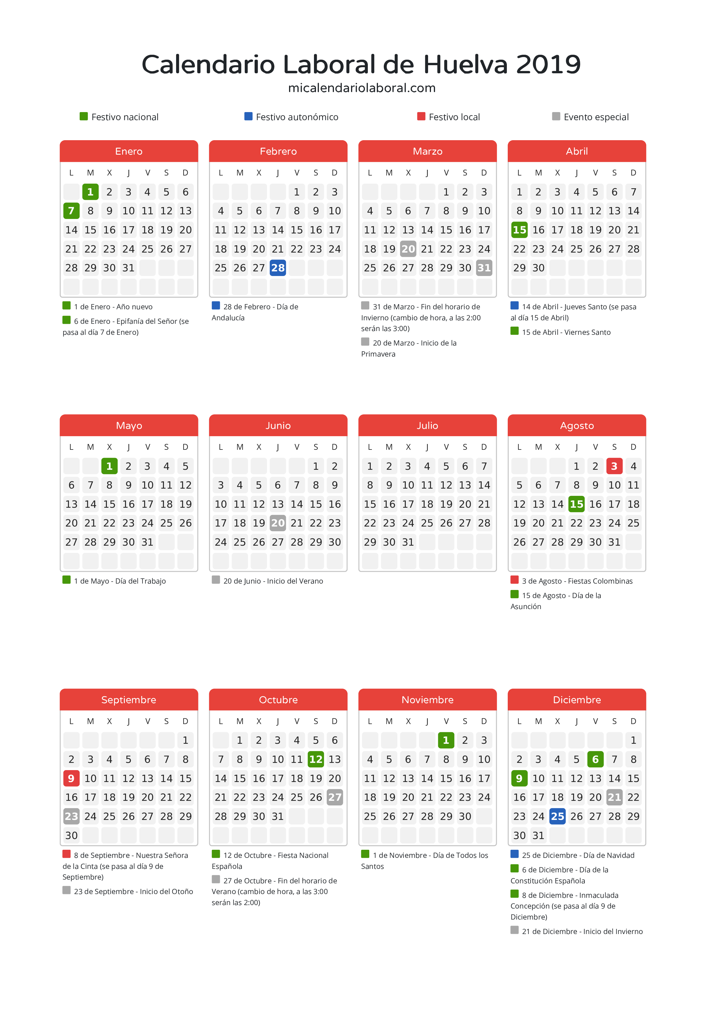 Calendario Laboral de Huelva 2019 - Días festivos - Descubre todos los festivos, días no laborables y días inhábiles en el calendario de Huelva propuestos por Junta de Andalucía. Organiza tus vacaciones y puentes en 2019.