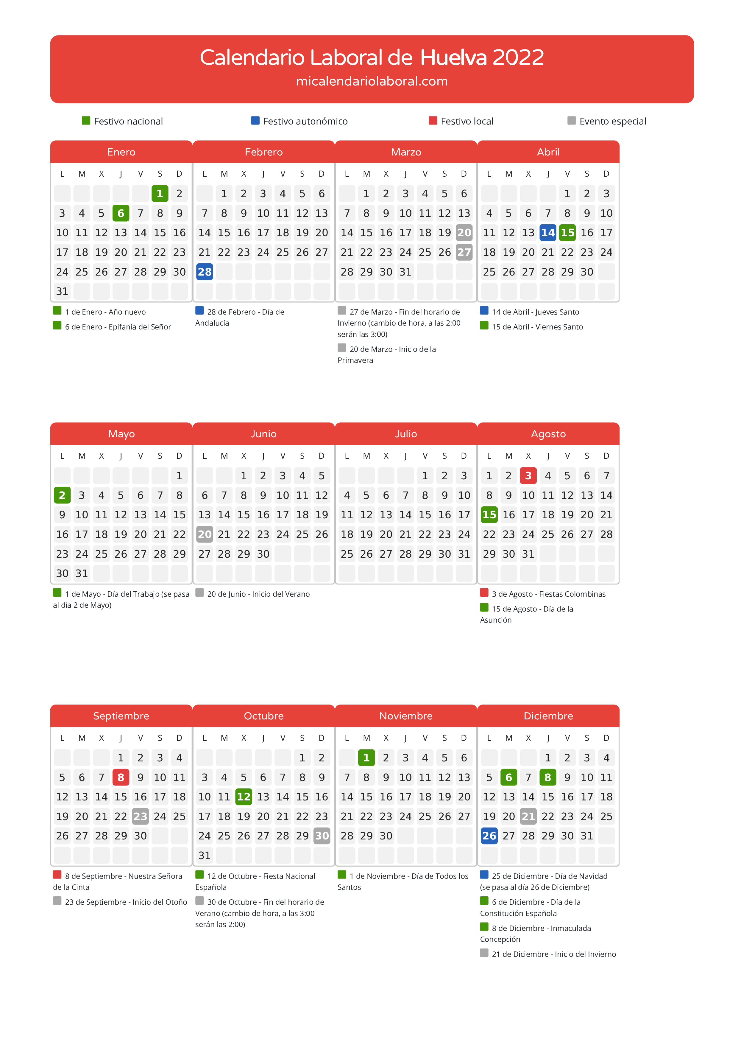 Calendario Laboral de Huelva 2022 - Días festivos - Descubre todos los festivos, días no laborables y días inhábiles en el calendario de Huelva propuestos por Junta de Andalucía. Organiza tus vacaciones y puentes en 2022.