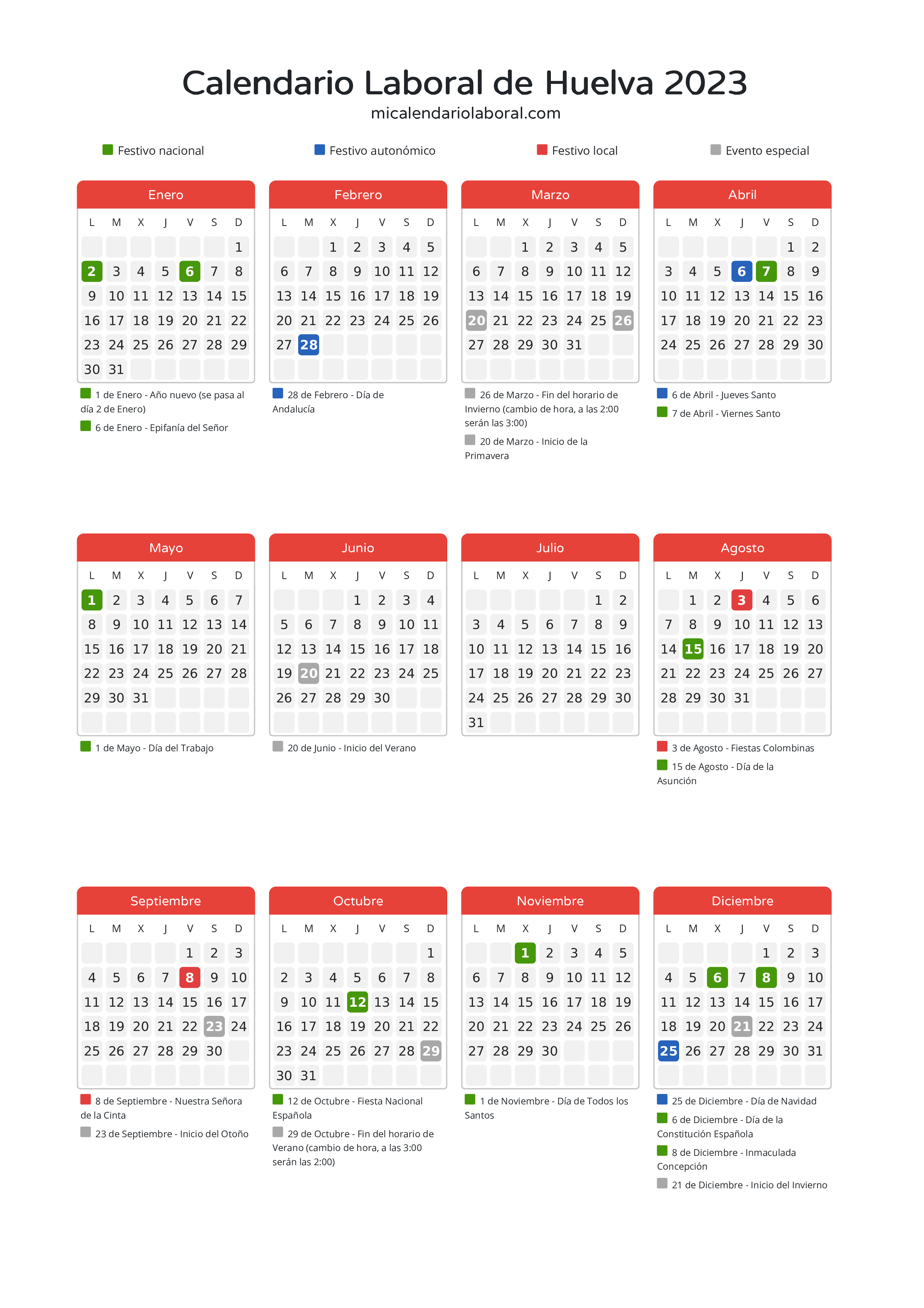 Calendario Laboral de Huelva 2023 - Días festivos - Aquí tienes todos los días festivos, no laborables y días inhábiles de la provincia del calendario de Huelva del año 2023