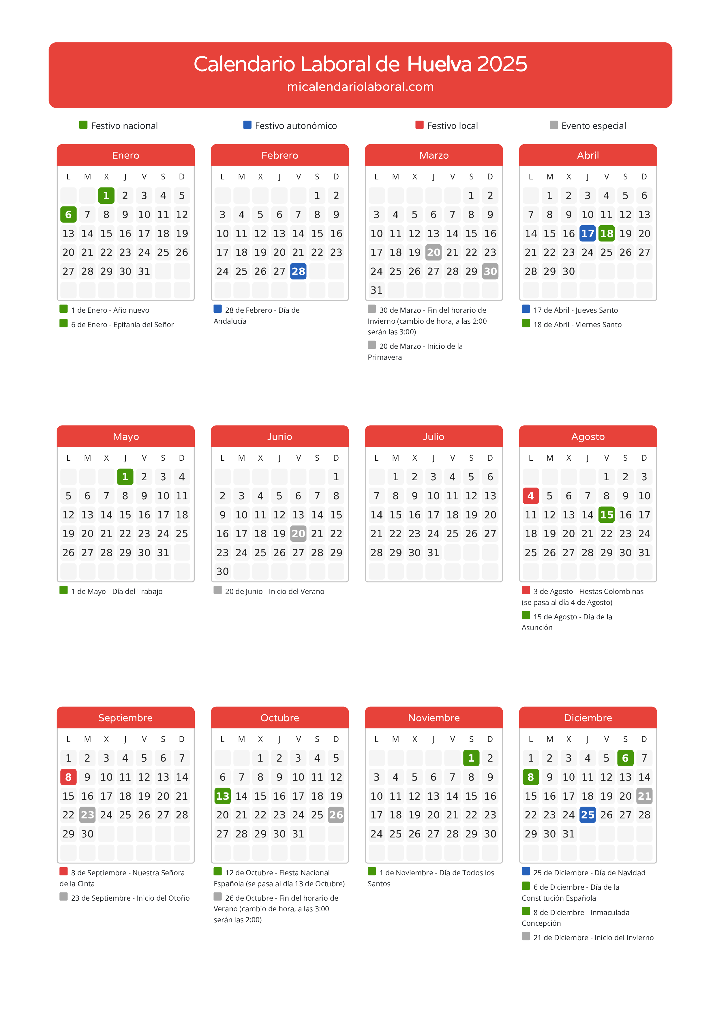 Calendario Laboral de Huelva 2025 - Días festivos - Aquí tienes todos los días festivos, no laborables y días inhábiles de la provincia del calendario de Huelva del año 2025