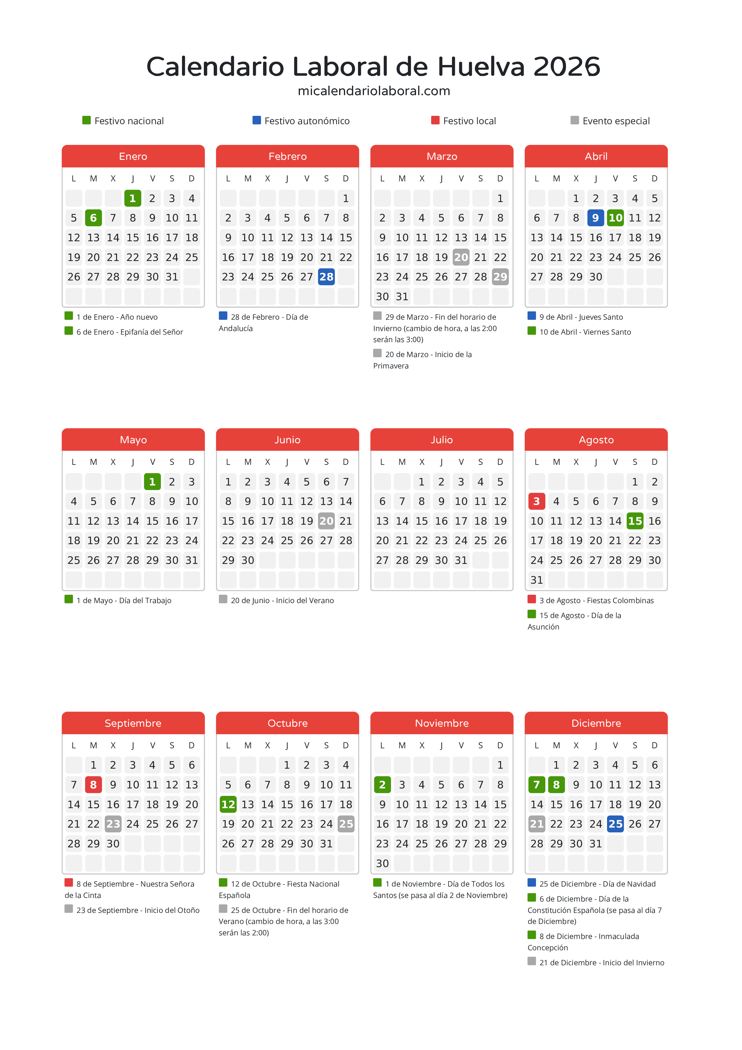 Calendario Laboral de Huelva 2026 - Días festivos - Descubre todos los festivos, días no laborables y días inhábiles en el calendario de Huelva propuestos por Junta de Andalucía. Organiza tus vacaciones y puentes en 2026.