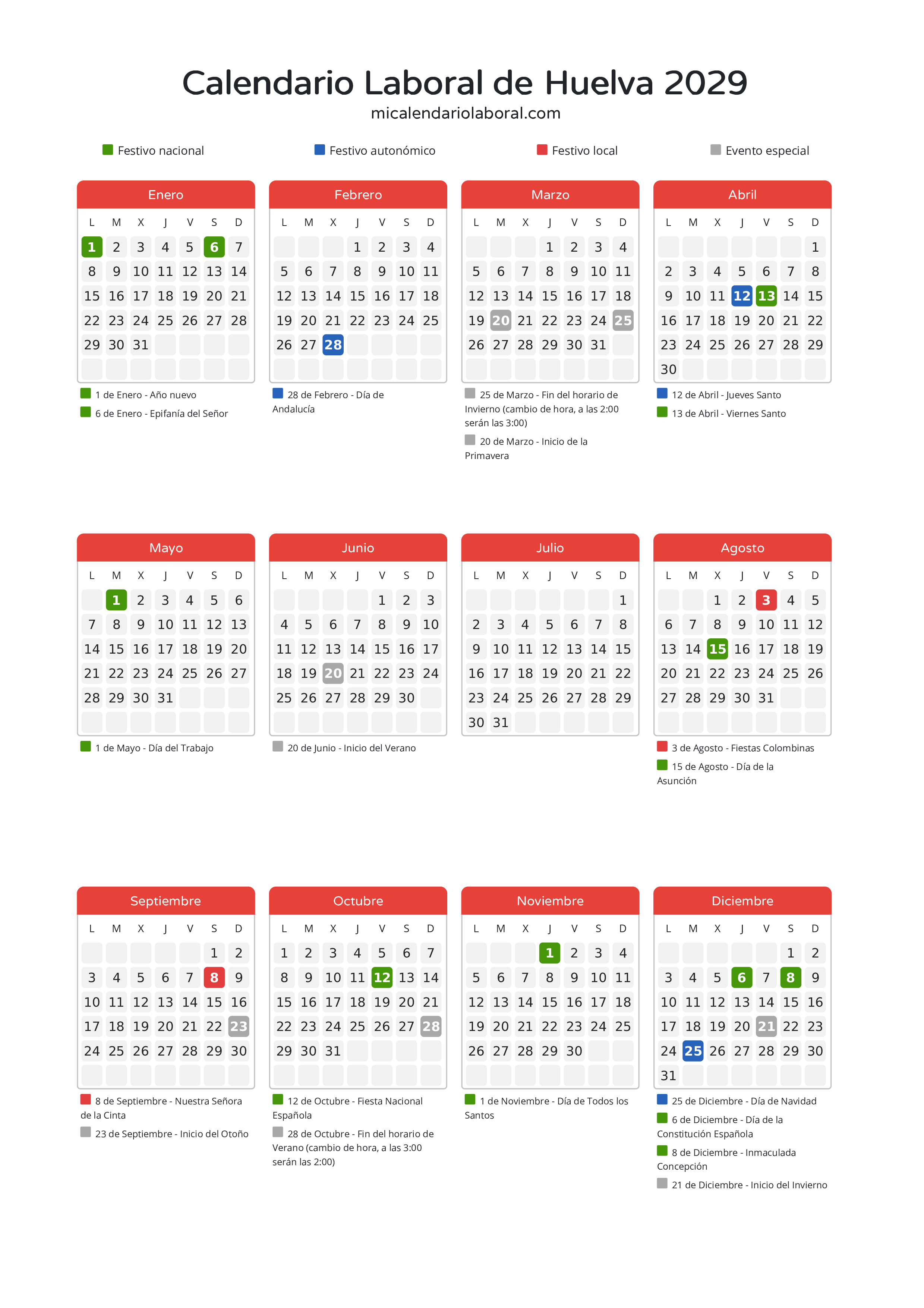 Calendario Laboral de Huelva 2029 - Días festivos - Descubre todos los festivos, días no laborables y días inhábiles en el calendario de Huelva propuestos por Junta de Andalucía. Organiza tus vacaciones y puentes en 2029.